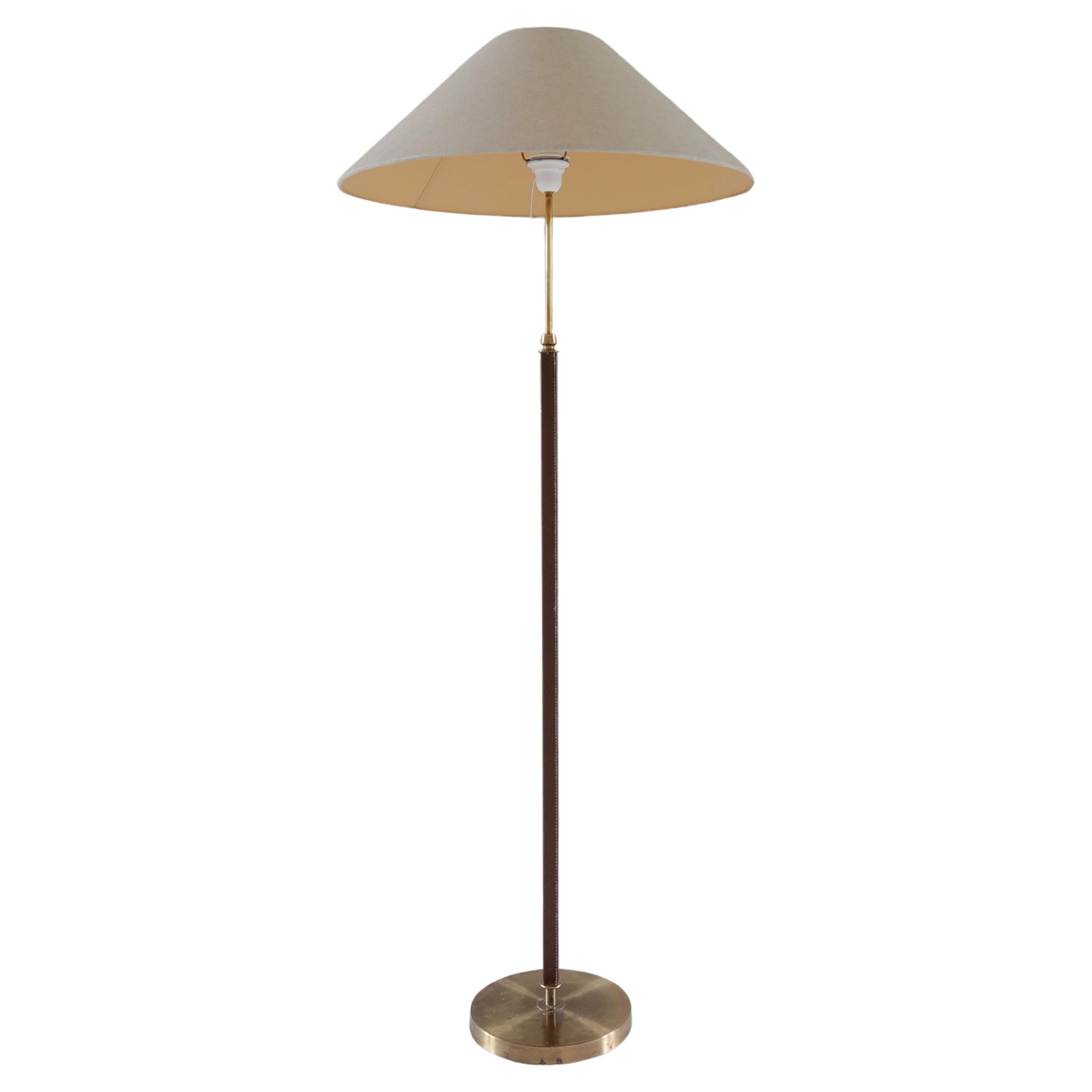 Mid-Century Brass Brown Leather Floor Lamp Falkenbergs Belysning, Sweden, 1960s For Sale