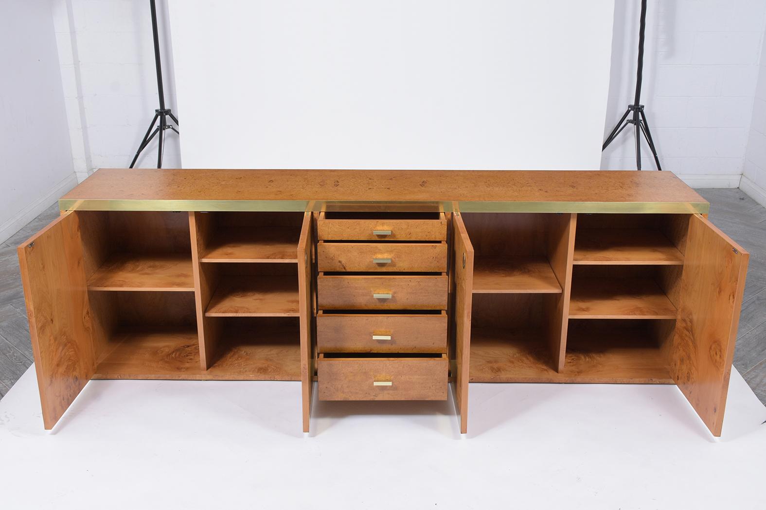 American Mid-Century Brass Burled Credenza