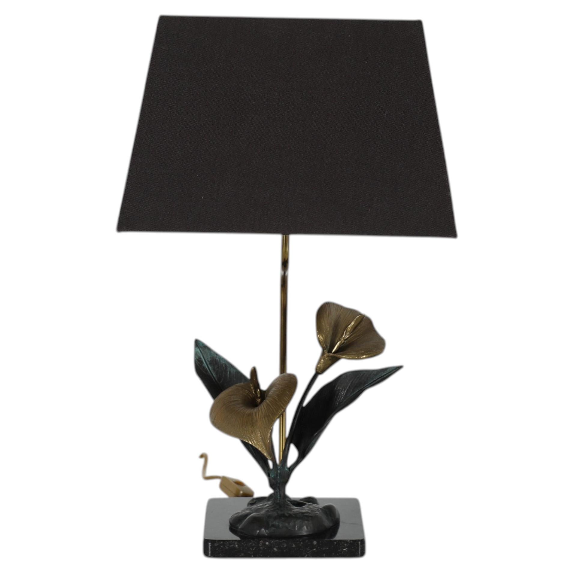 Mid-Century Brass Calla Lily Lamp, Willy Daro Style, Marble Base