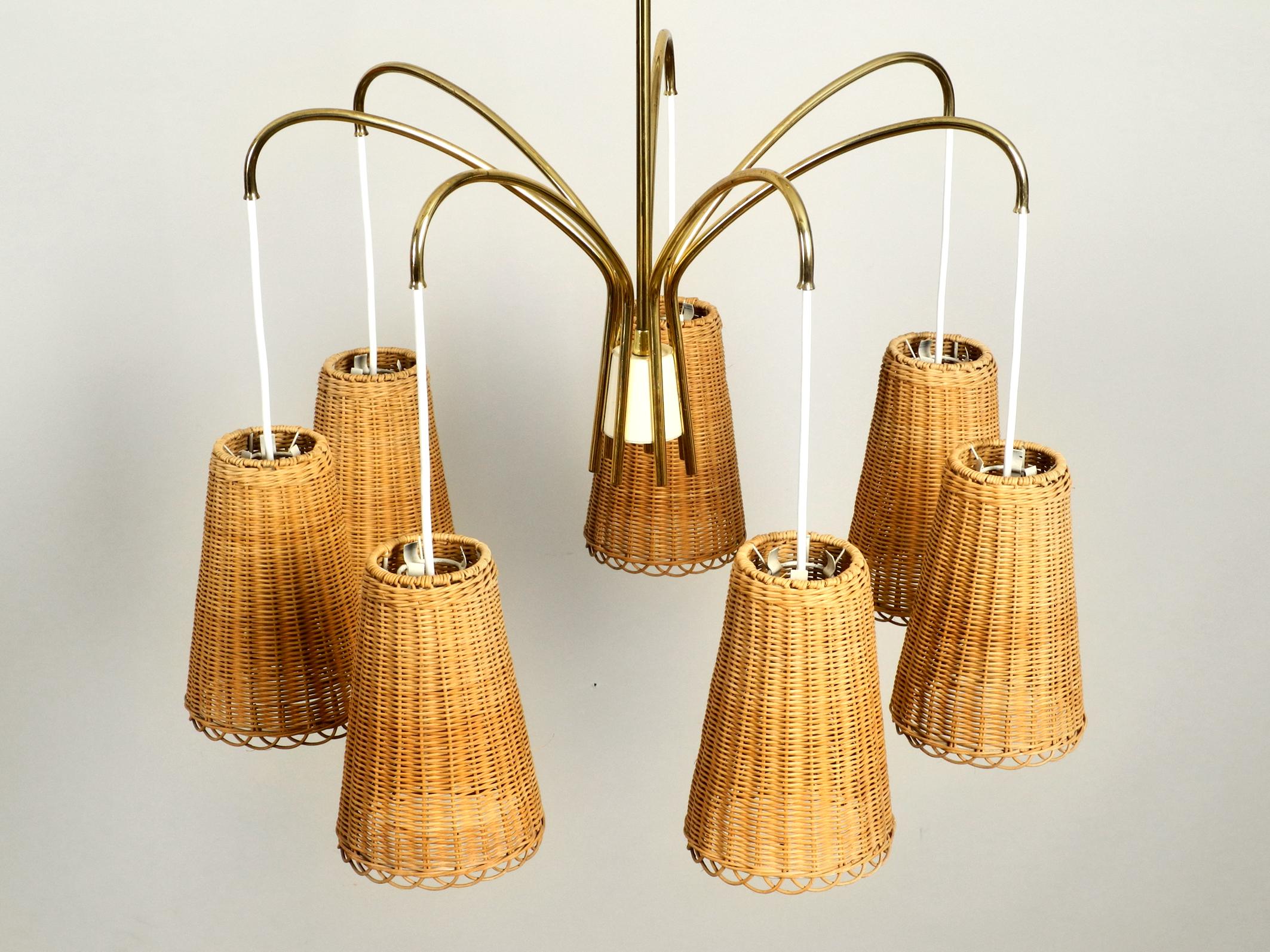 German Midcentury Brass Ceiling Lamp with 7 Basket Shades, Vereinigte Werkstätten