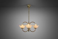 Midcentury Brass Ceiling Lamp with Floral Shades, Europe, circa 1950s