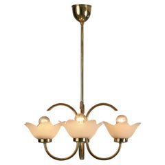 Midcentury Brass Ceiling Lamp with Floral Shades, Europe, circa 1950s