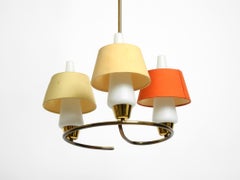Mid Century brass ceiling lamp with glass and fabric shades by J. T. Kalmar