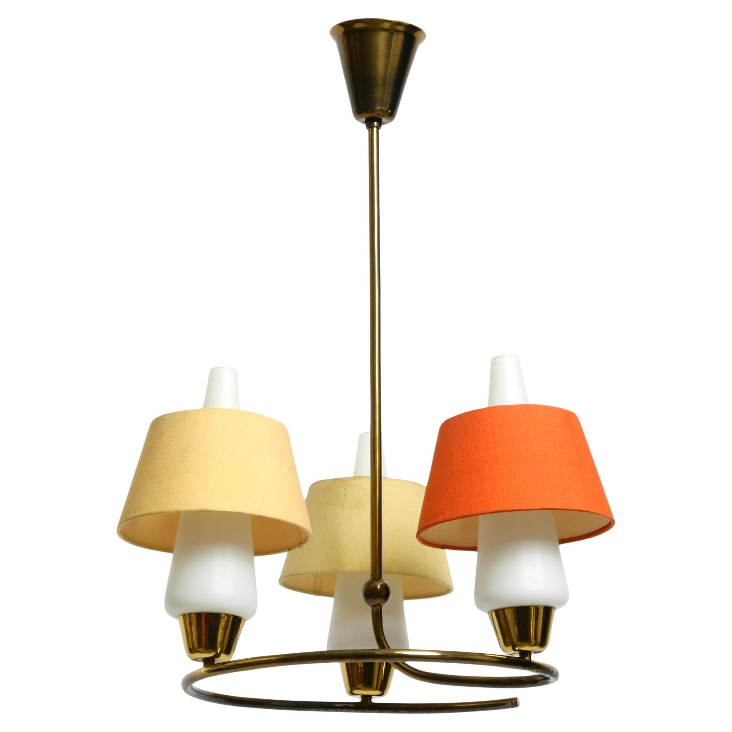 Mid Century brass ceiling lamp with glass and fabric shades by J. T. Kalmar