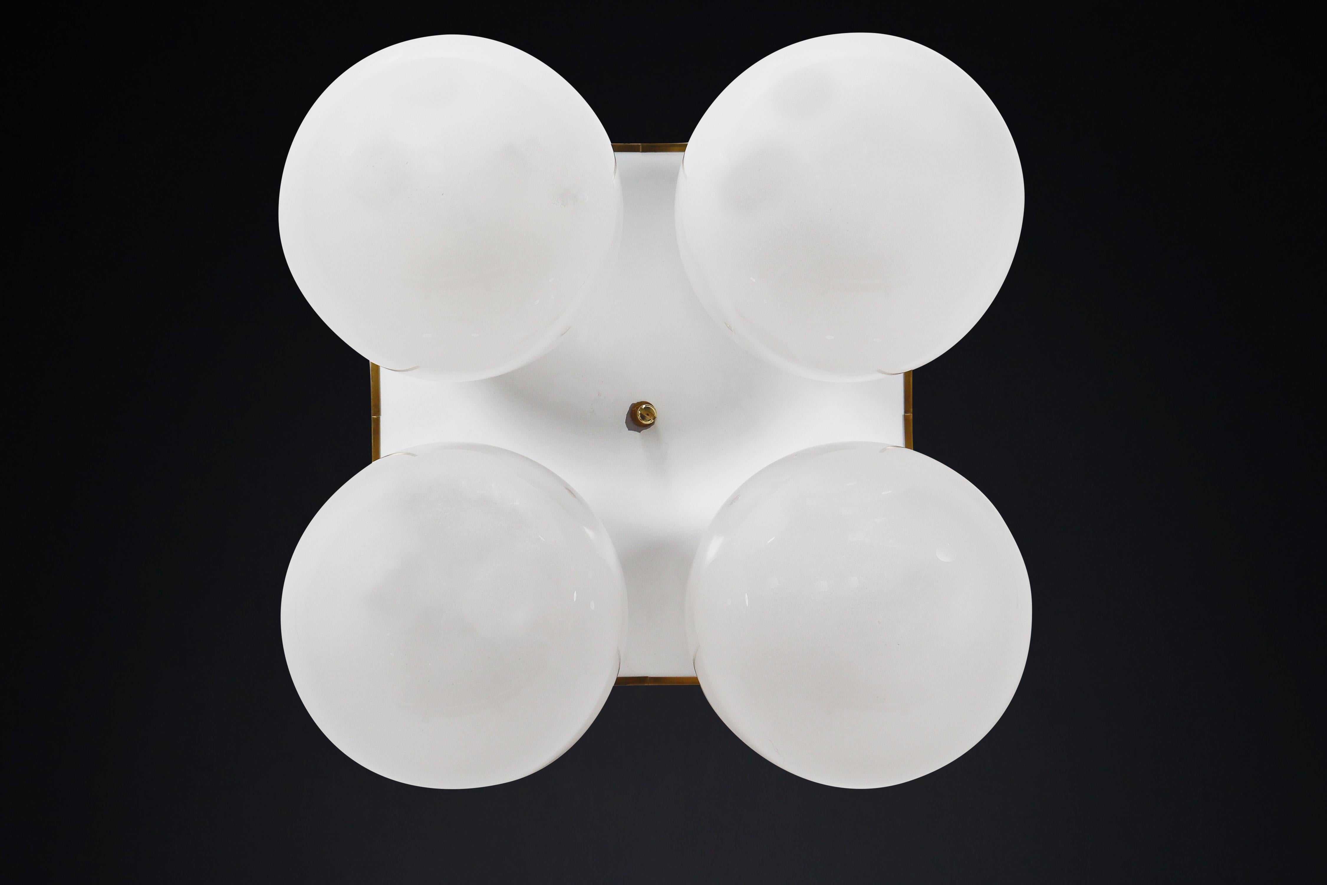  Mid-Century Brass Ceiling Lights with Four Pearl White Glass Globes For Sale 4