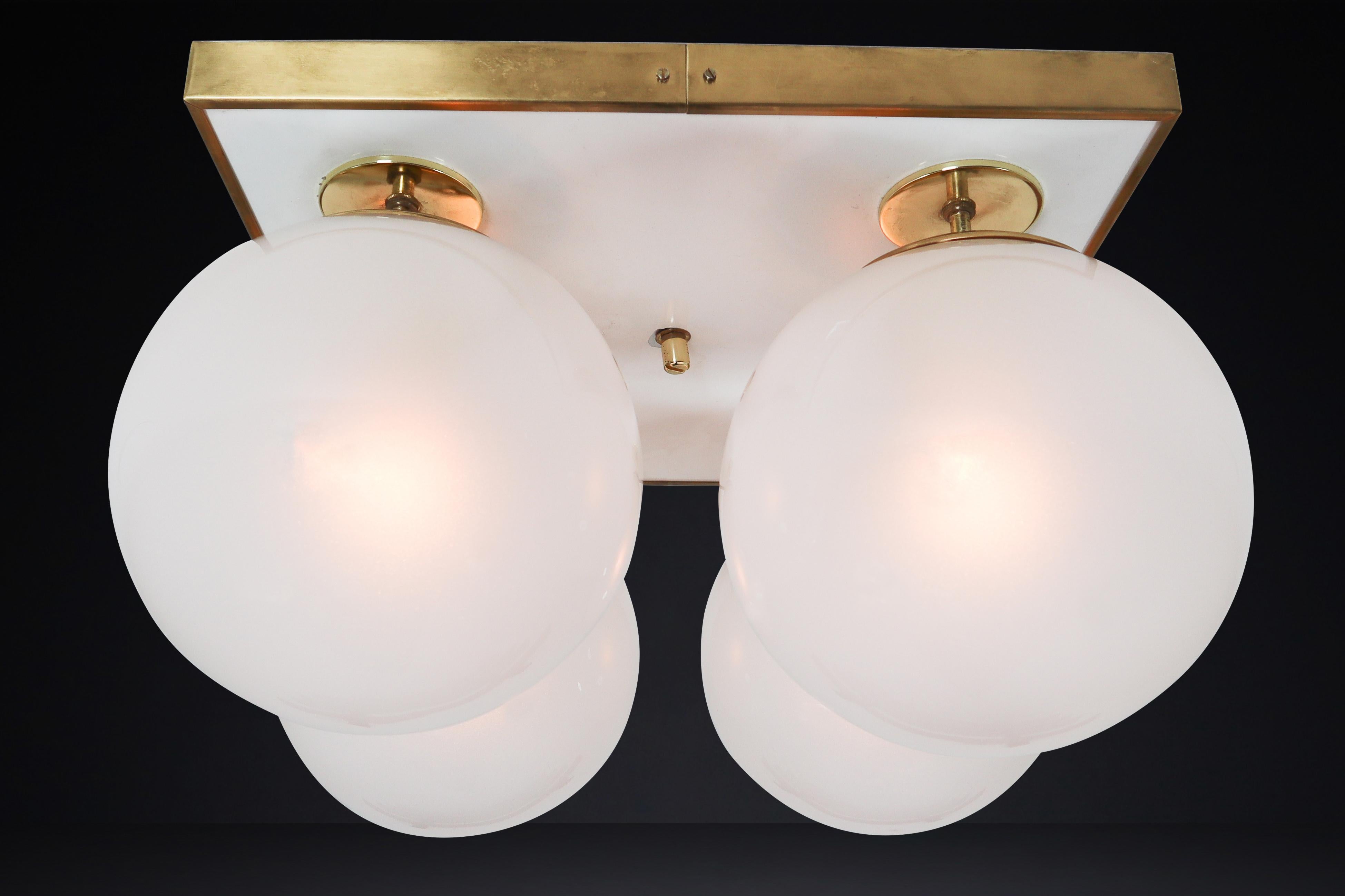  Mid-Century Brass Ceiling Lights with Four Pearl White Glass Globes For Sale 8