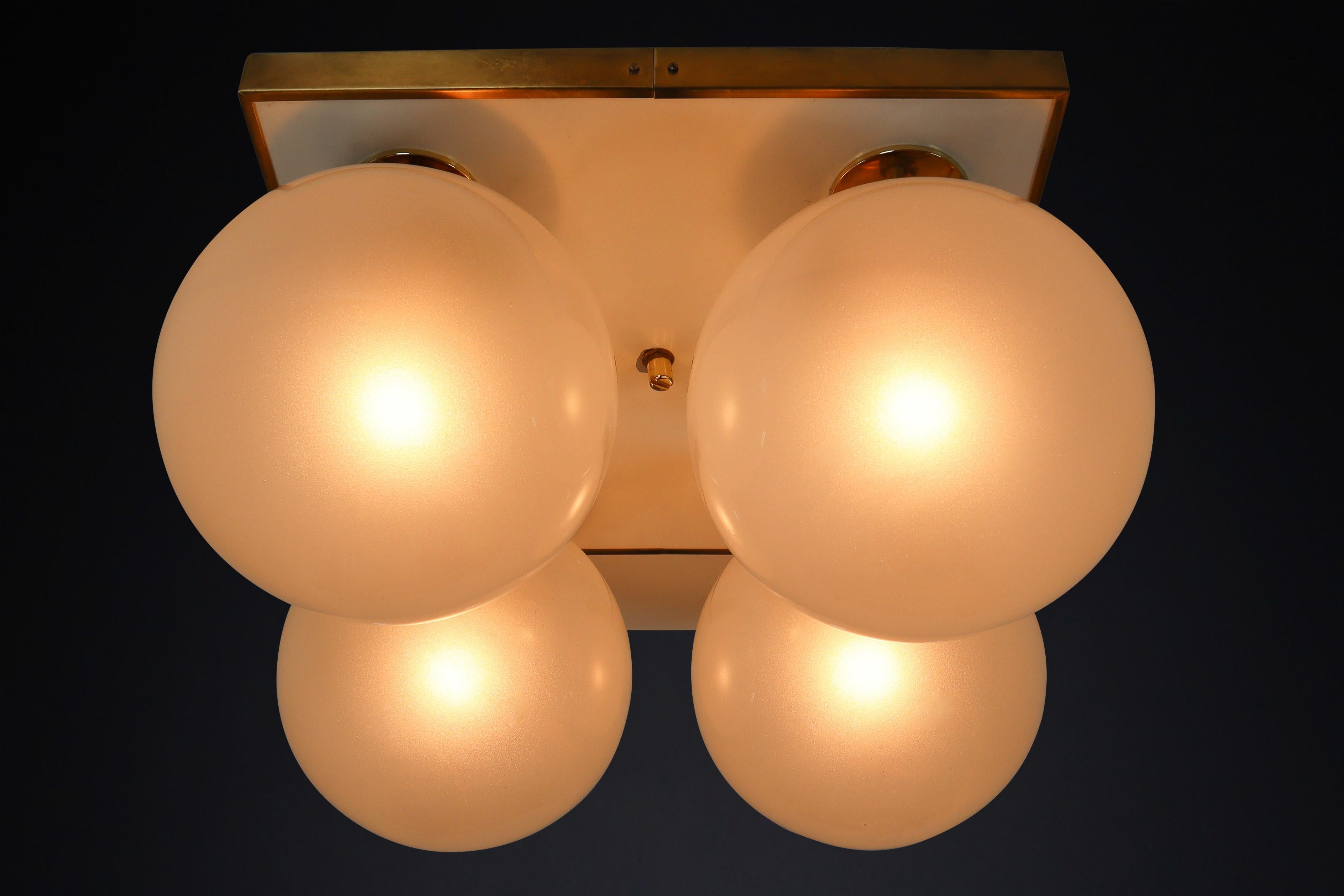 Mid-Century Brass Ceiling Lights with Four Pearl White Glass Globes For Sale 2