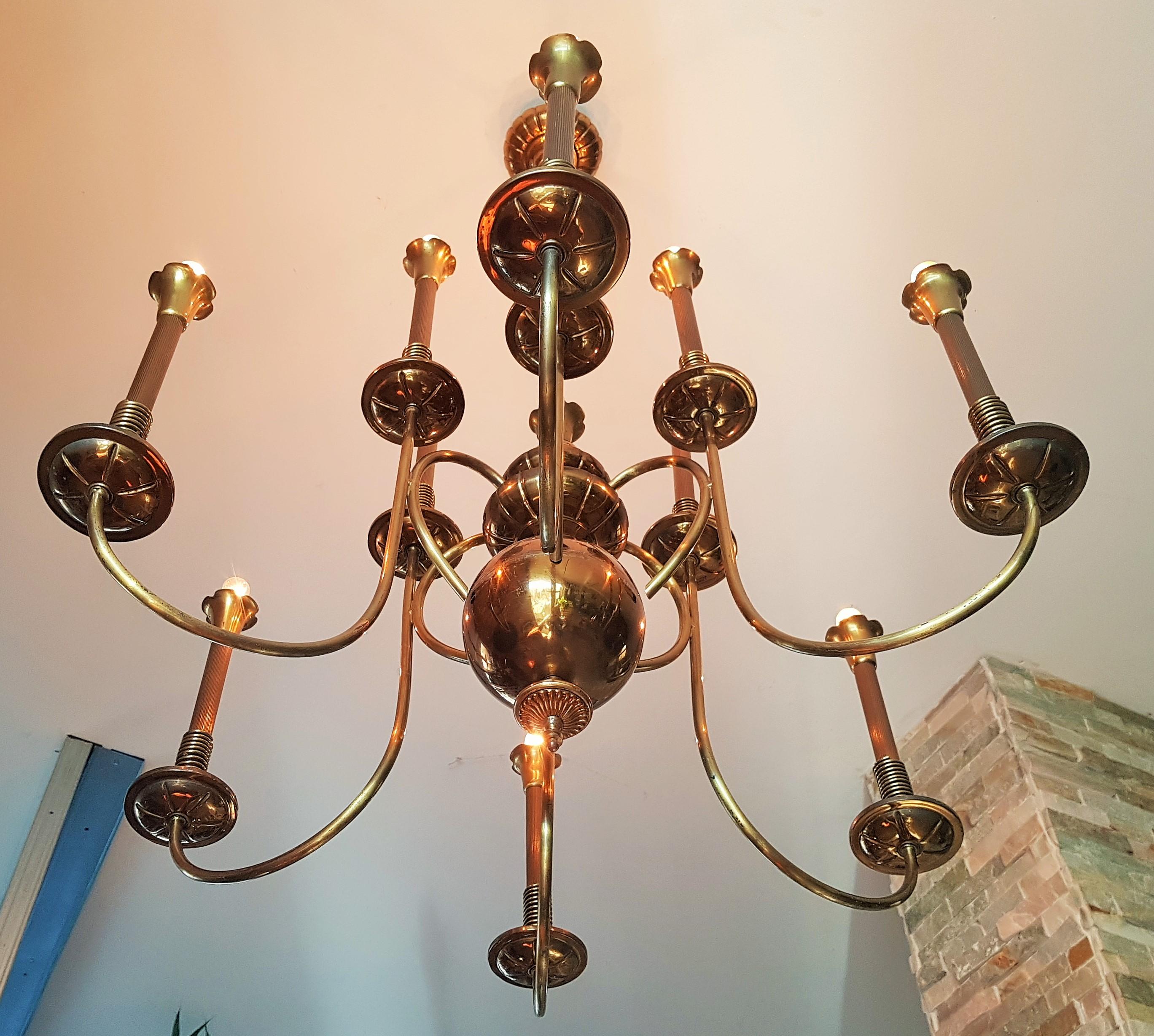 Mid-Century Brass Chandelier, 12 Bulbs, Italy, 1950 For Sale 8
