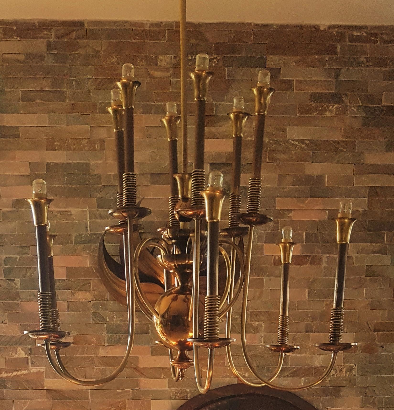 Italian Mid-Century Brass Chandelier, 12 Bulbs, Italy, 1950 For Sale