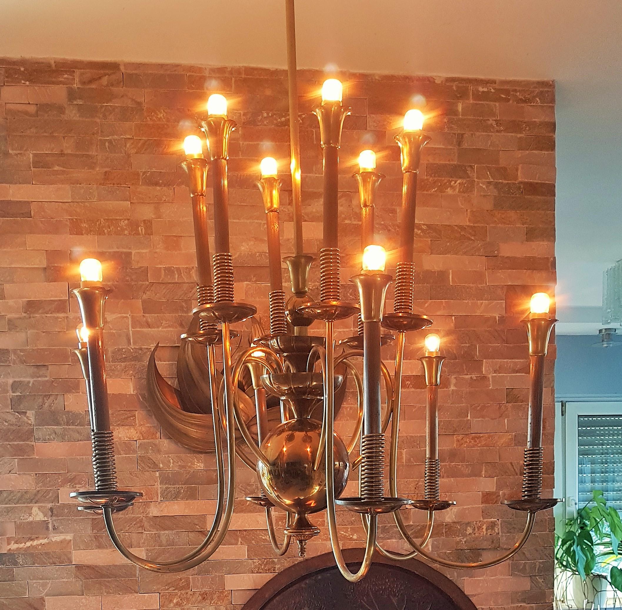 Mid-20th Century Mid-Century Brass Chandelier, 12 Bulbs, Italy, 1950 For Sale