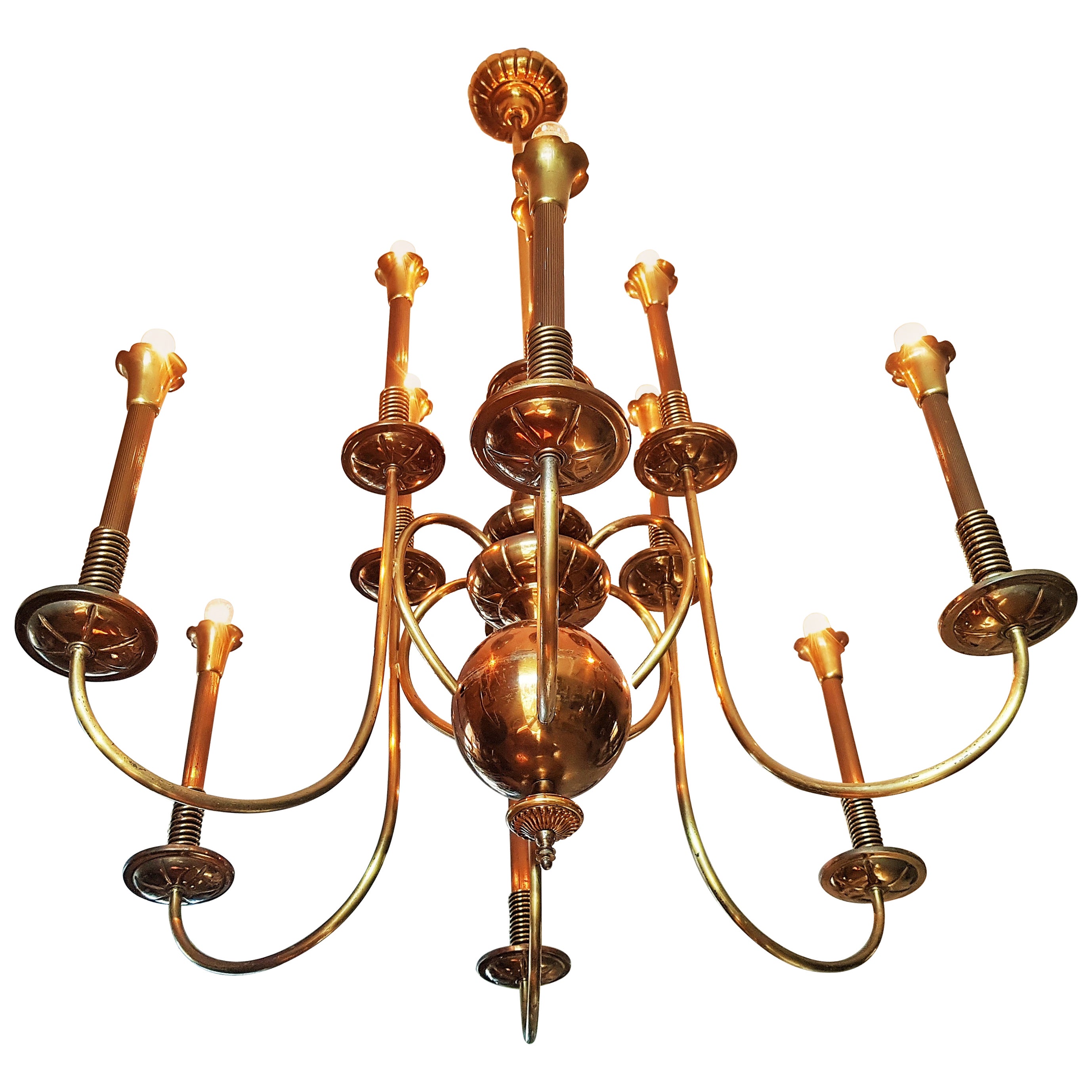 Lampadario in ottone di metà secolo, 12 lampadine, Italia, 1950 in vendita