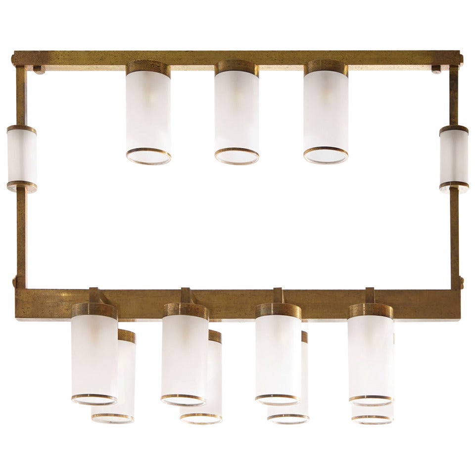 Mid-Century Brass Chandelier White Sandblasted Murano Glass cylinder Italy 1950s