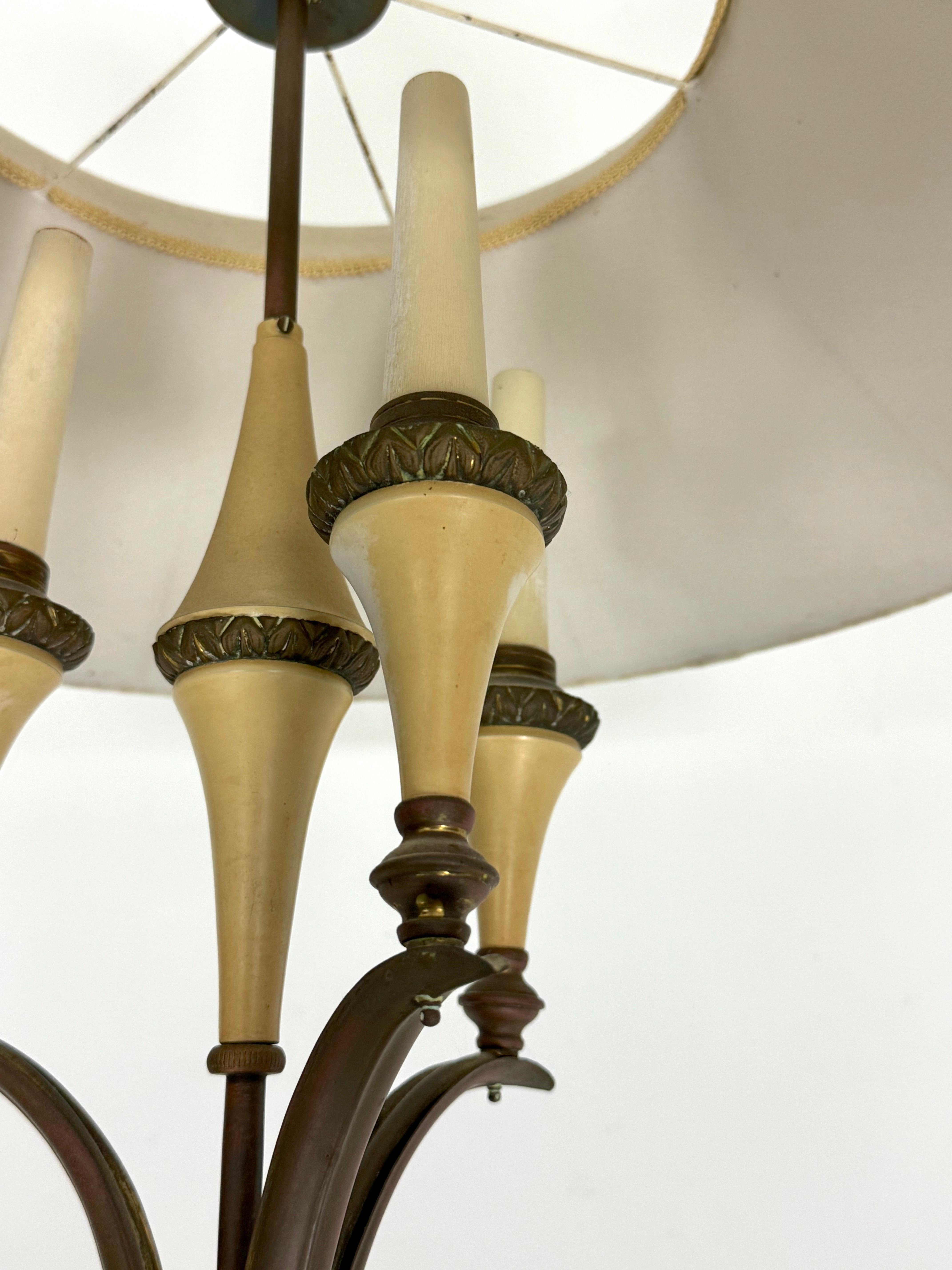 Mid-Century brass chandelier with fabric lampshade. Italy 1950s For Sale 3