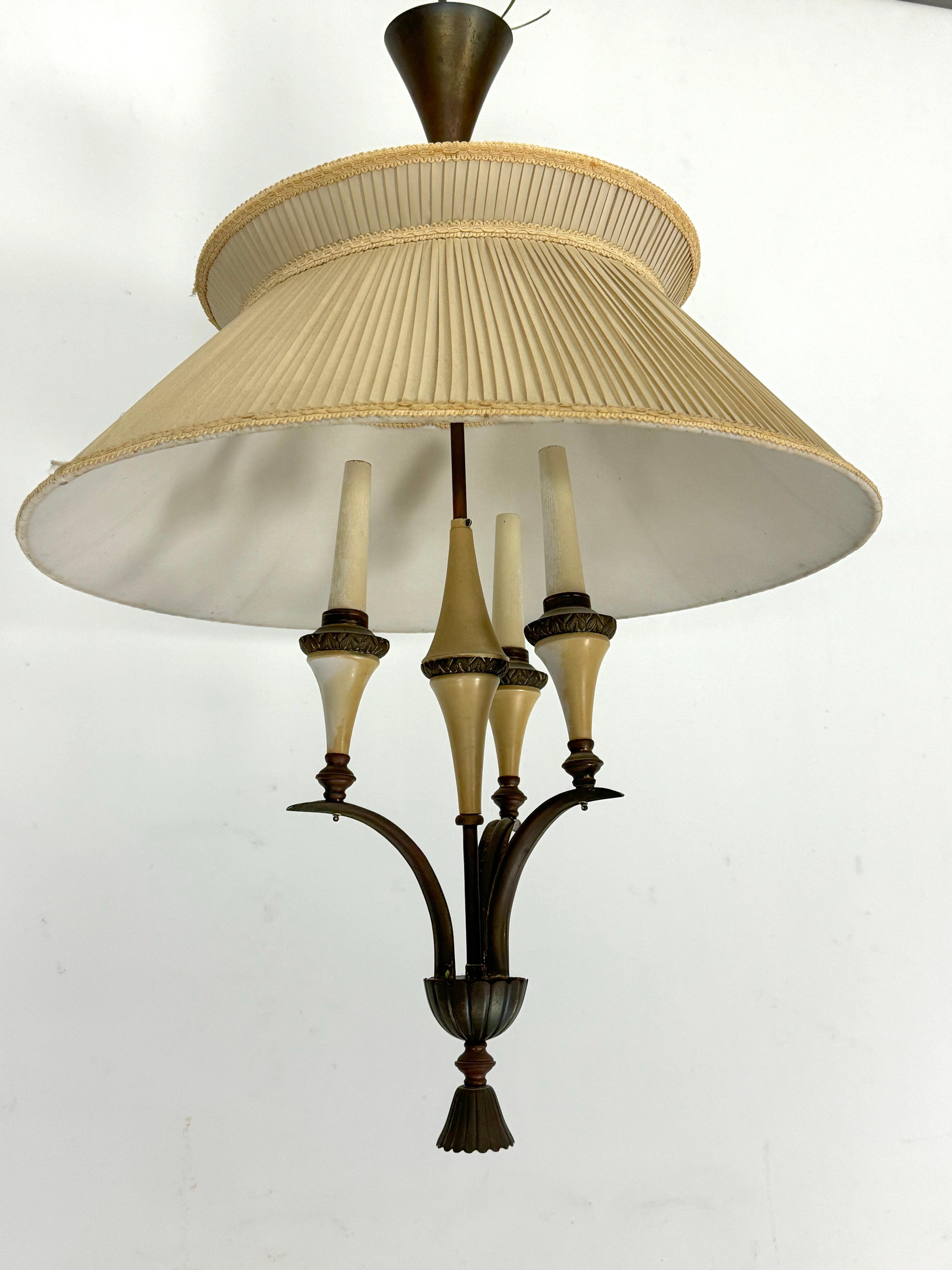 Mid-Century brass chandelier with fabric lampshade. Italy 1950s For Sale 4