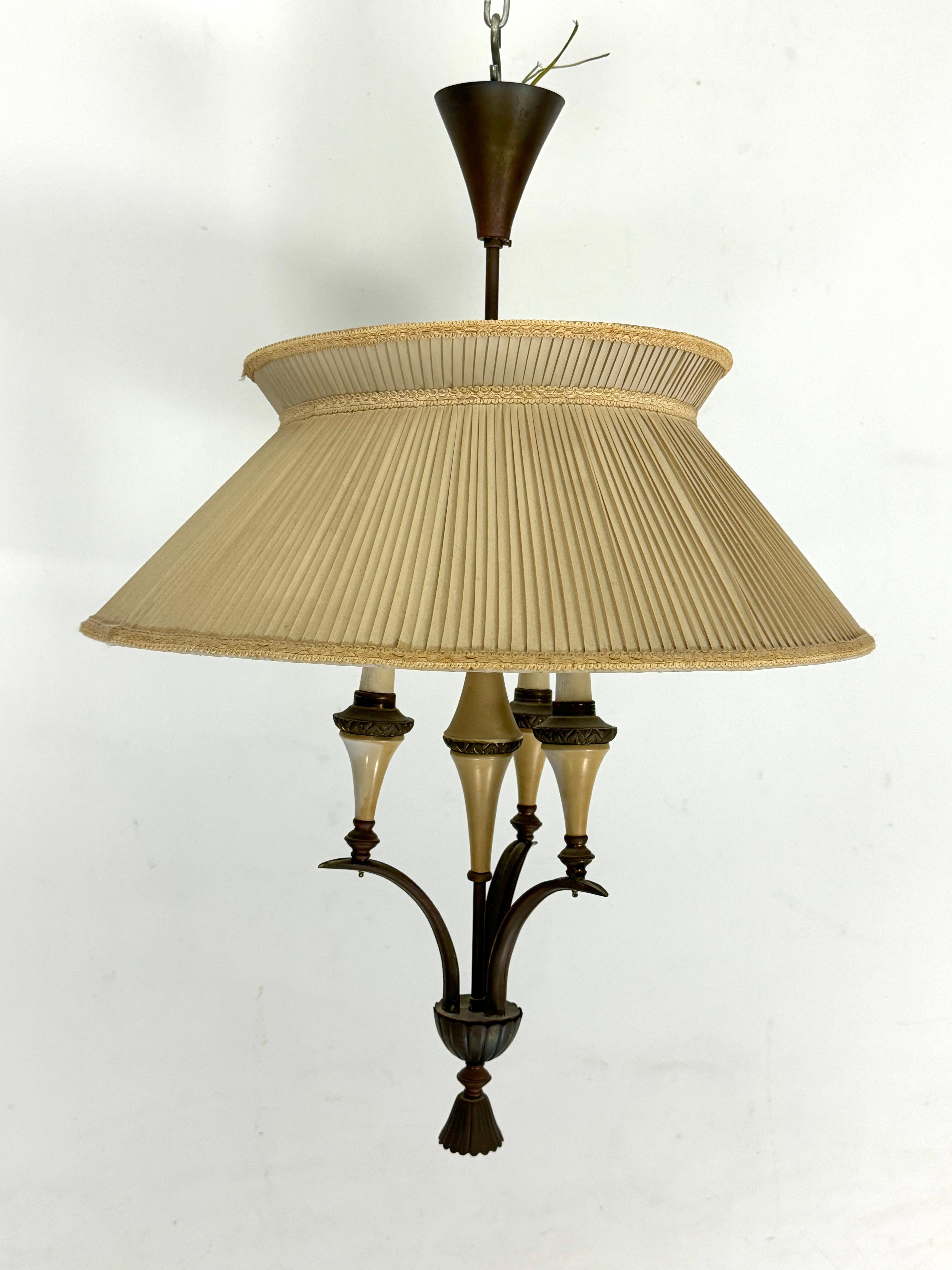 Mid-Century brass chandelier with fabric lampshade. Italy 1950s For Sale 5