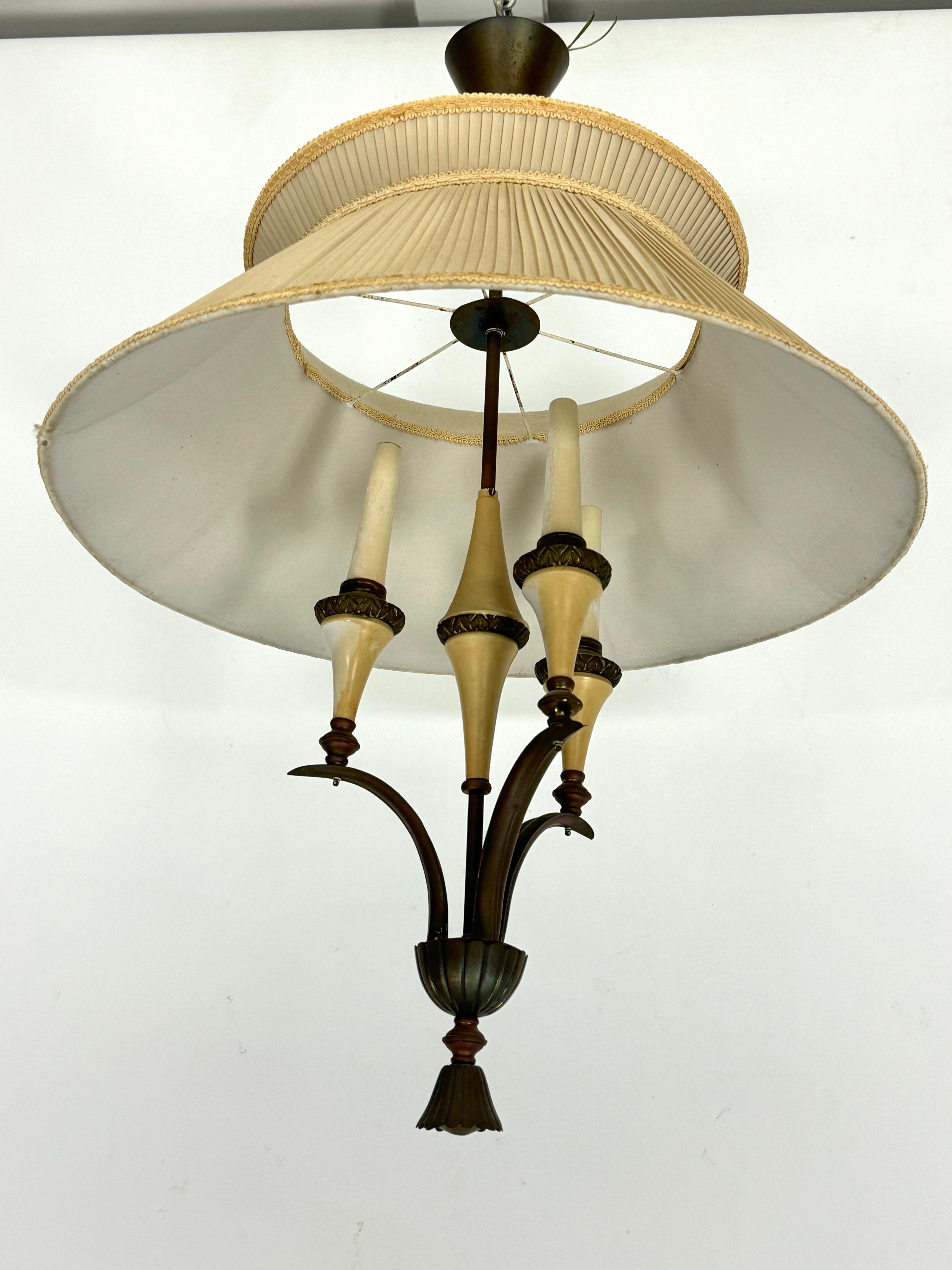 Mid-Century Modern Mid-Century brass chandelier with fabric lampshade. Italy 1950s For Sale