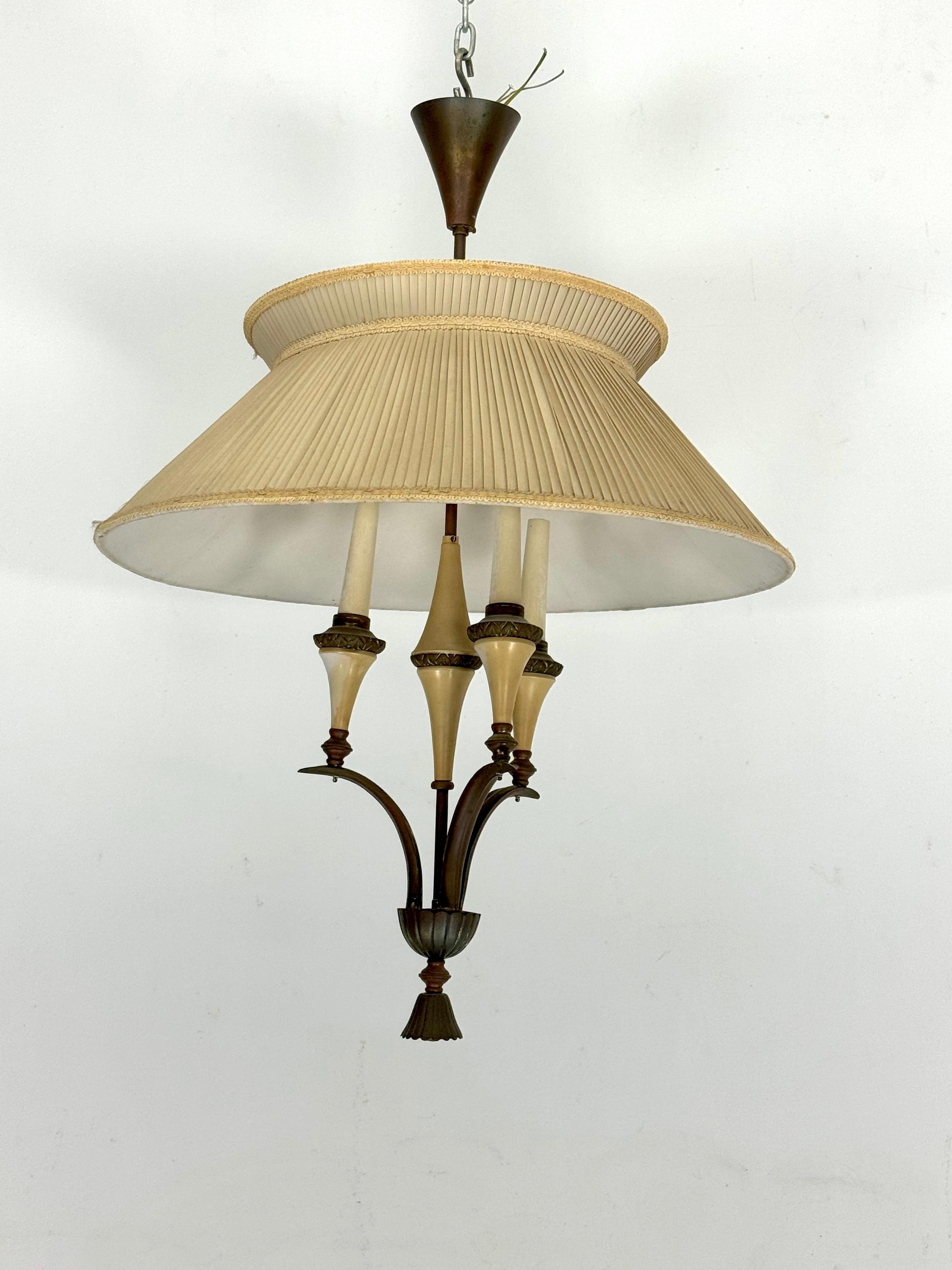 Italian Mid-Century brass chandelier with fabric lampshade. Italy 1950s For Sale