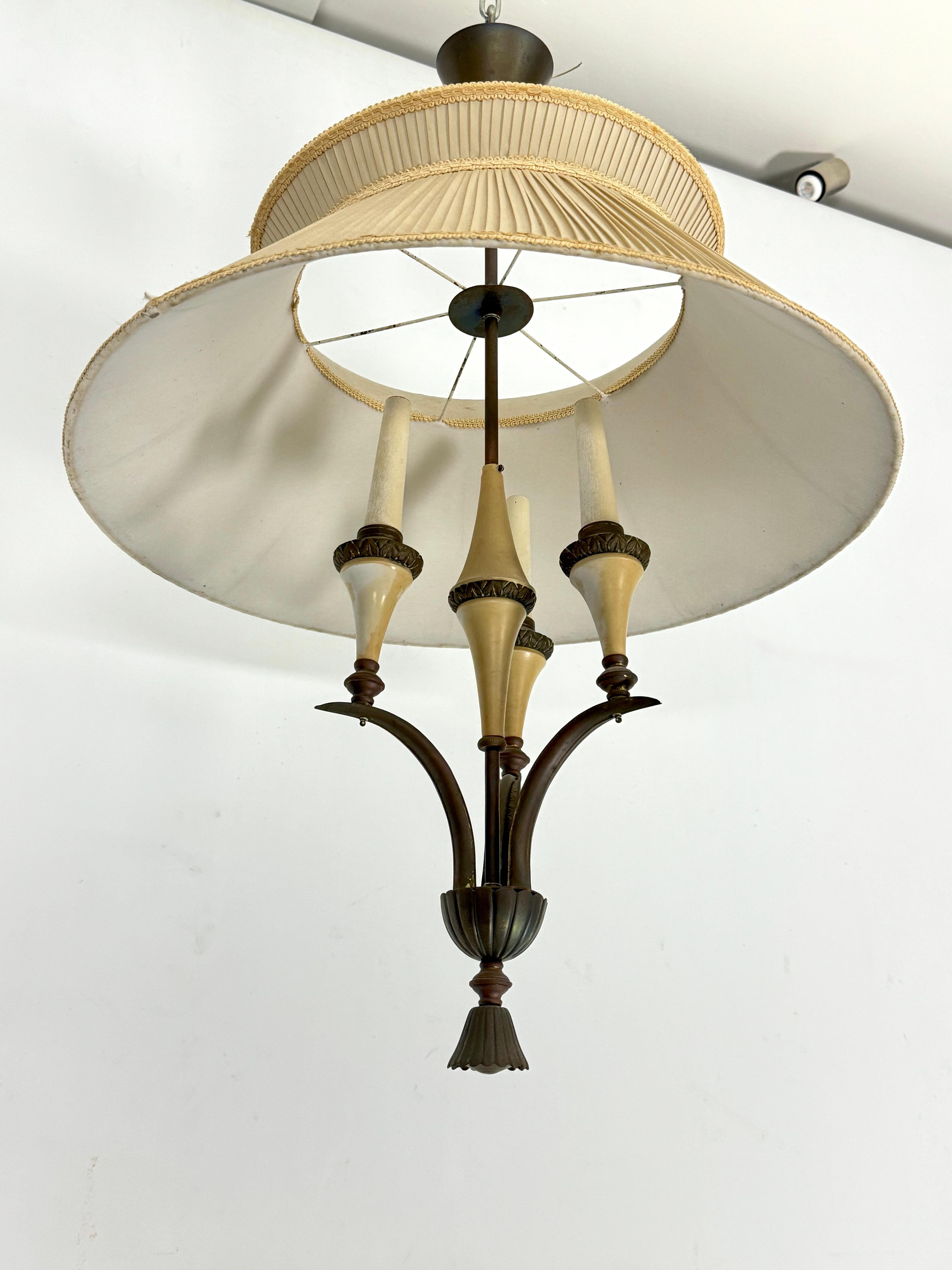 20th Century Mid-Century brass chandelier with fabric lampshade. Italy 1950s For Sale