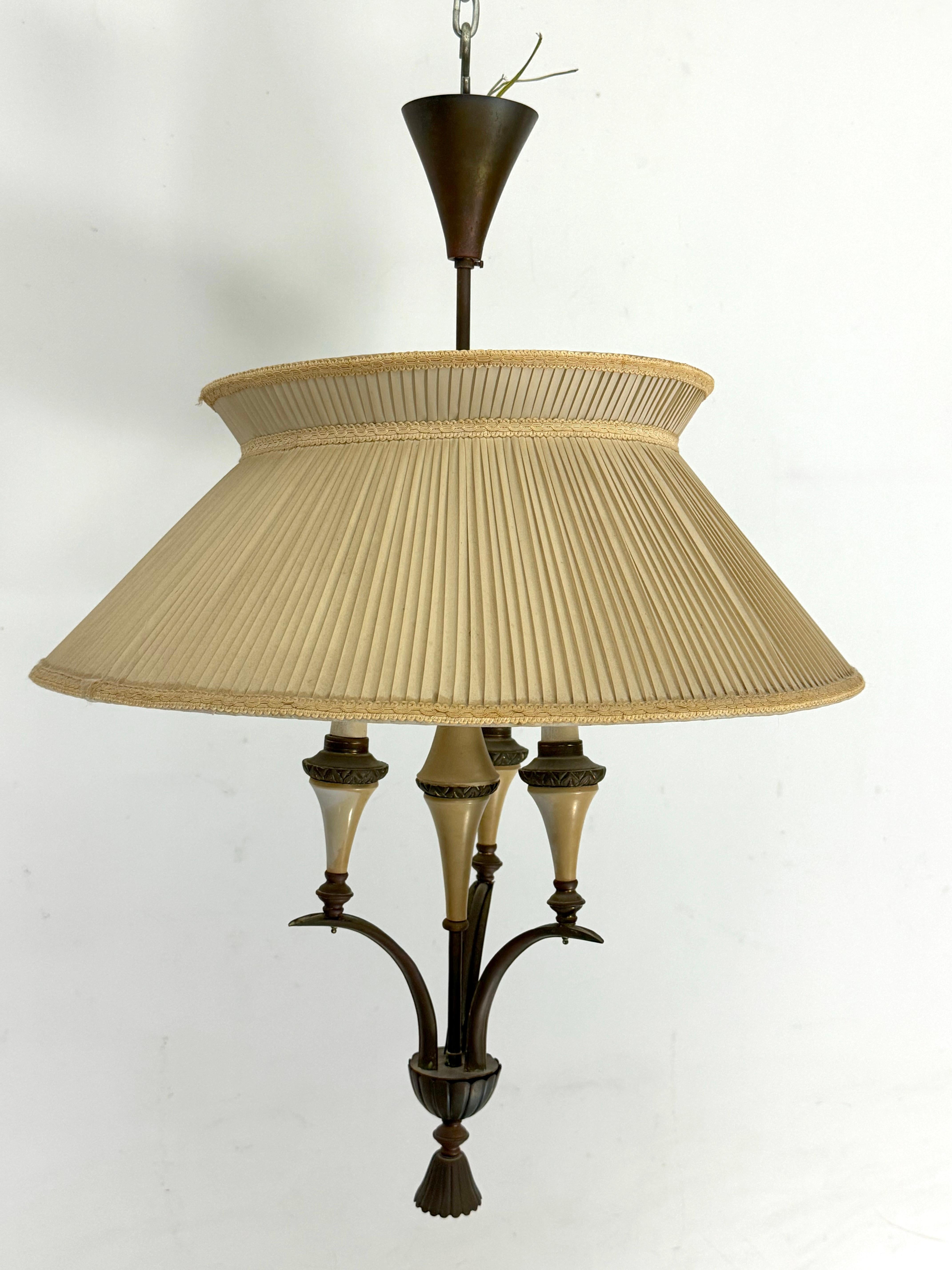 Brass Mid-Century brass chandelier with fabric lampshade. Italy 1950s For Sale