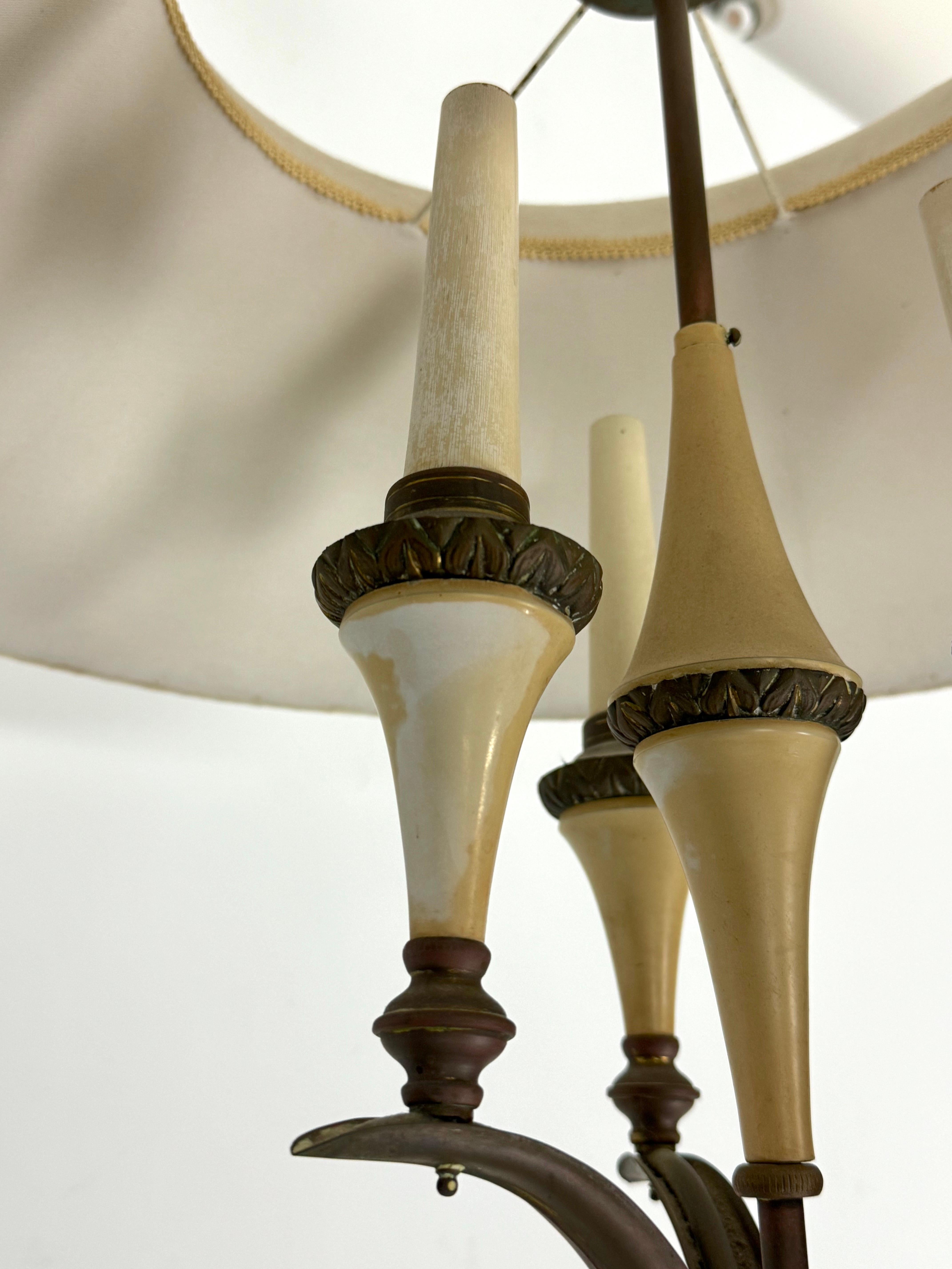 Mid-Century brass chandelier with fabric lampshade. Italy 1950s For Sale 2
