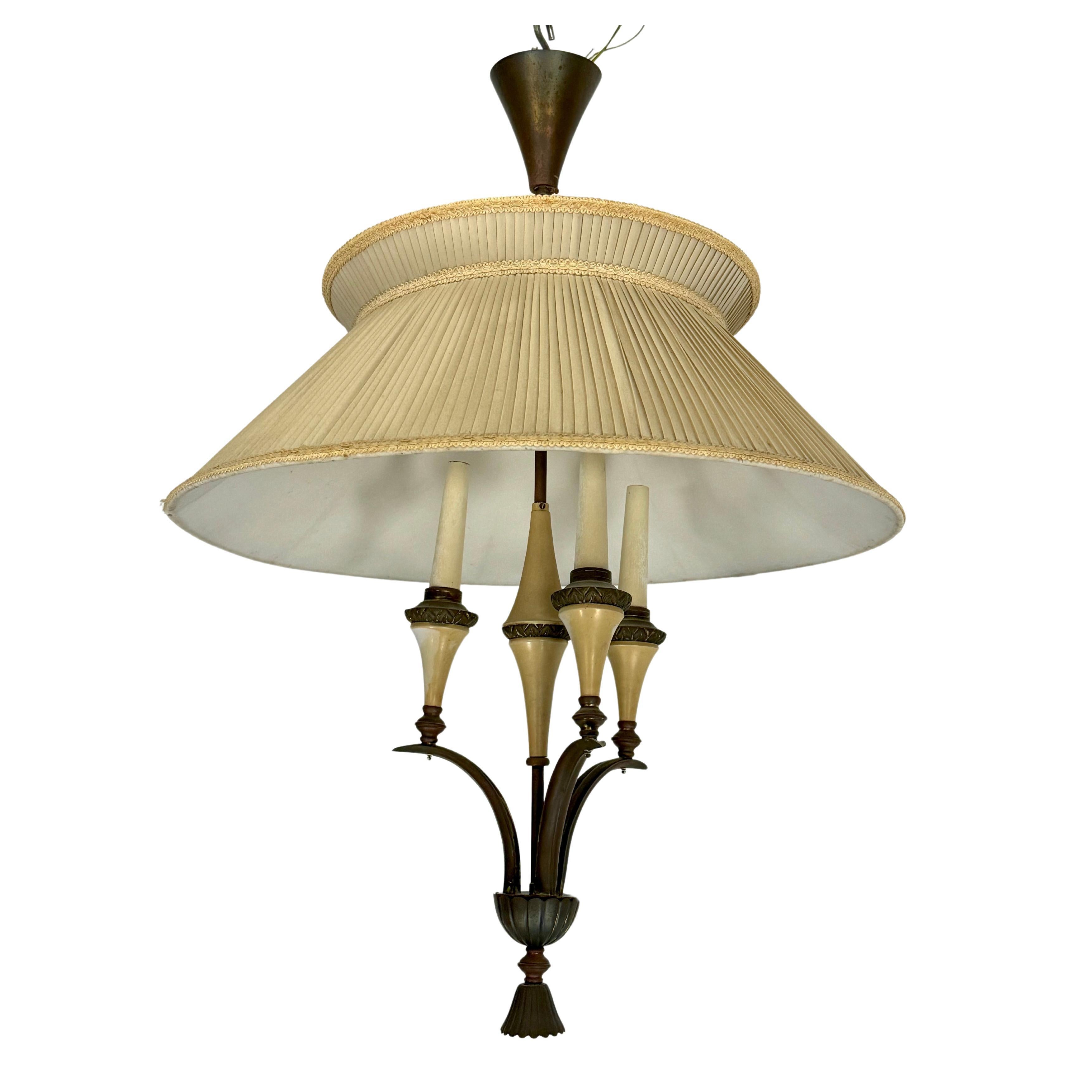 Mid-Century brass chandelier with fabric lampshade. Italy 1950s For Sale