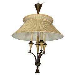 Vintage Mid-Century brass chandelier with fabric lampshade. Italy 1950s