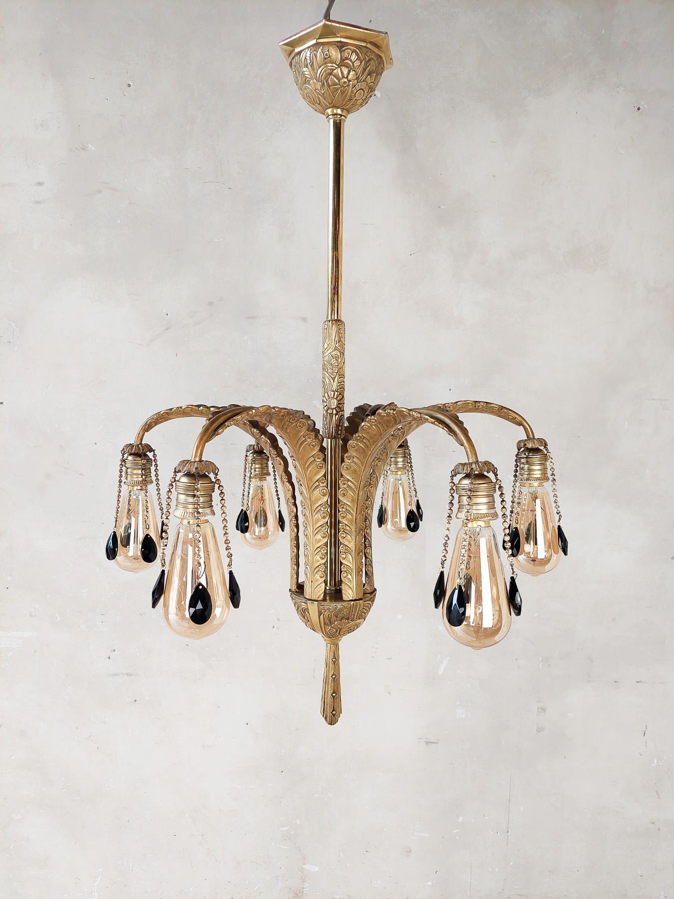 Mid-20th Century Midcentury Brass Chandelier with Feather Shaped Arms and Black Pearls For Sale
