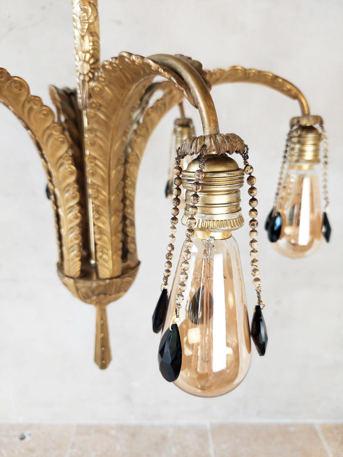 Midcentury Brass Chandelier with Feather Shaped Arms and Black Pearls For Sale 1