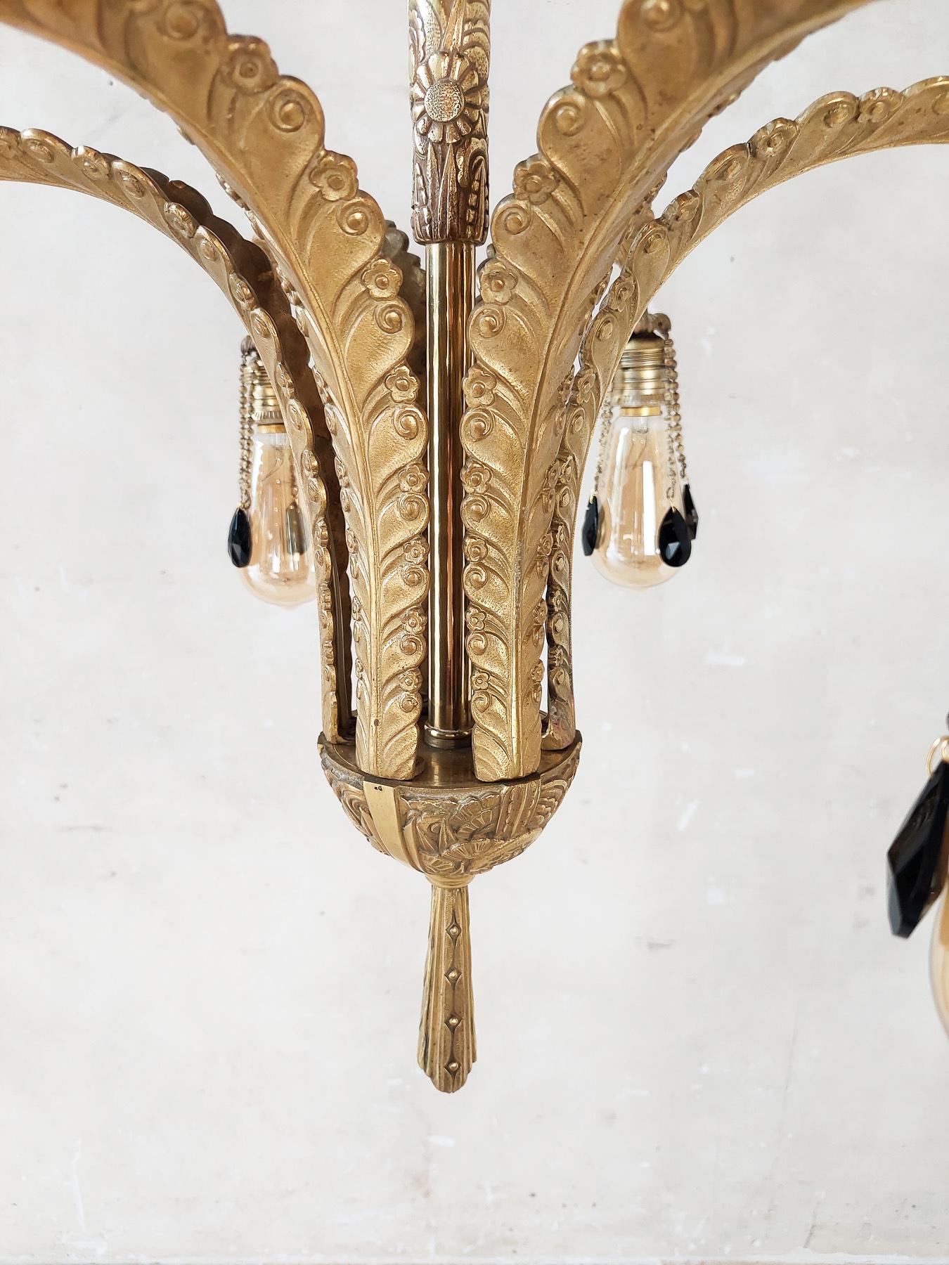 Midcentury Brass Chandelier with Feather Shaped Arms and Black Pearls For Sale 2