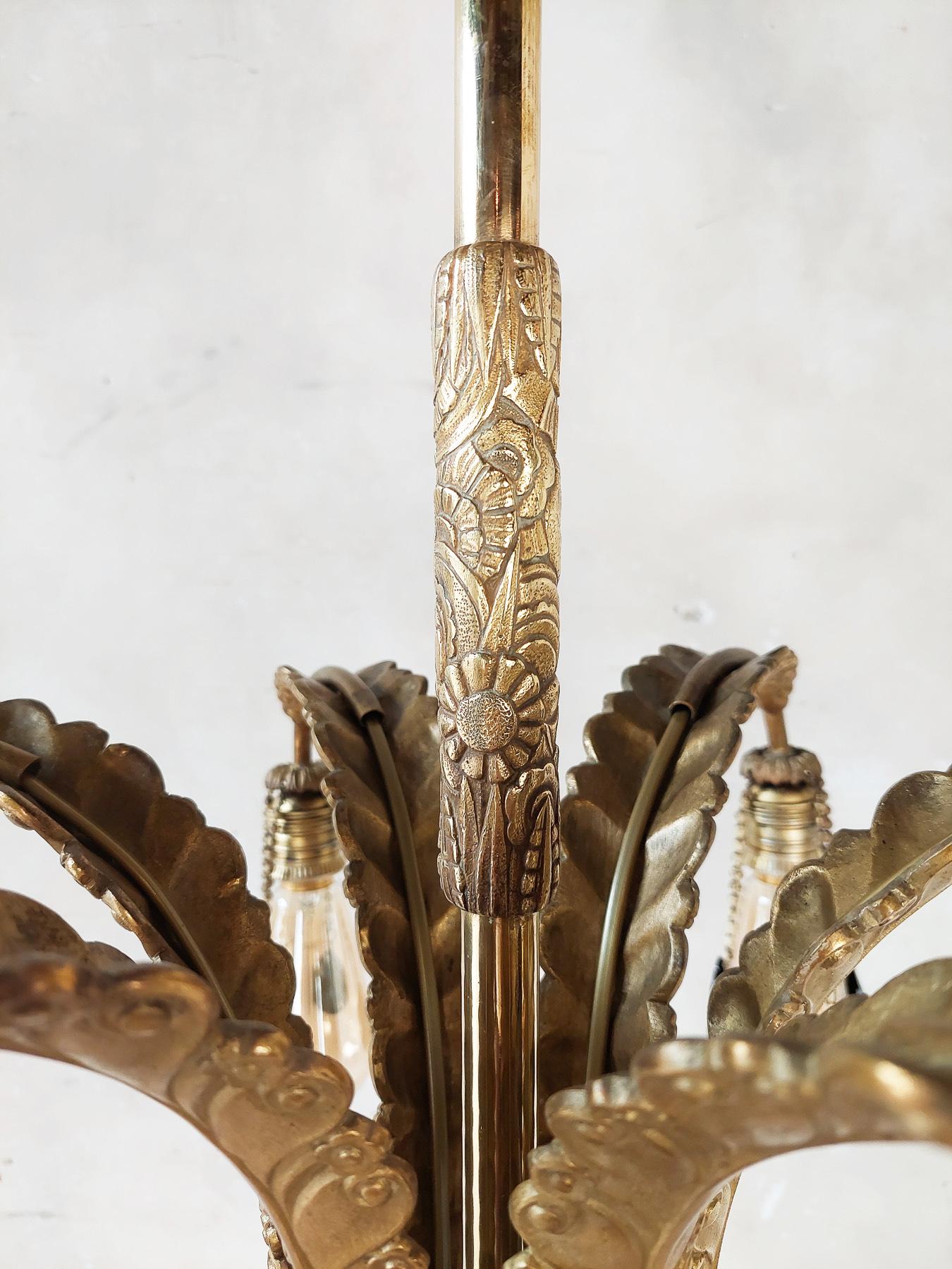 Midcentury Brass Chandelier with Feather Shaped Arms and Black Pearls For Sale 3