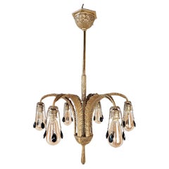 Mid-Century Brass Chandelier with Feather Shaped Arms and Black Pearls