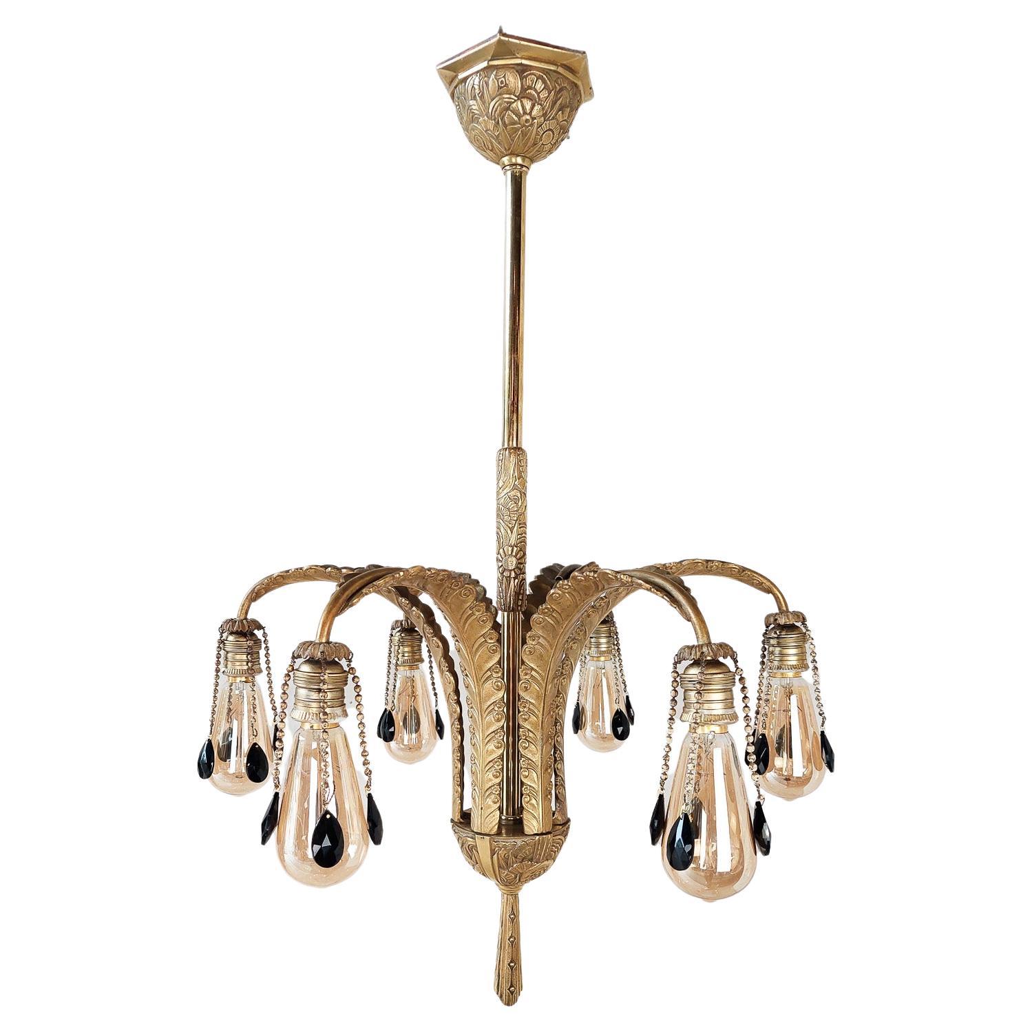 Midcentury Brass Chandelier with Feather Shaped Arms and Black Pearls For Sale