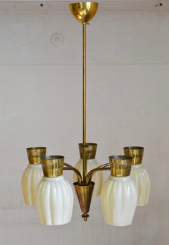 Mid-Century Brass Chandelier with Opaline Glass Shades by Itsu, Finland, 1950s
