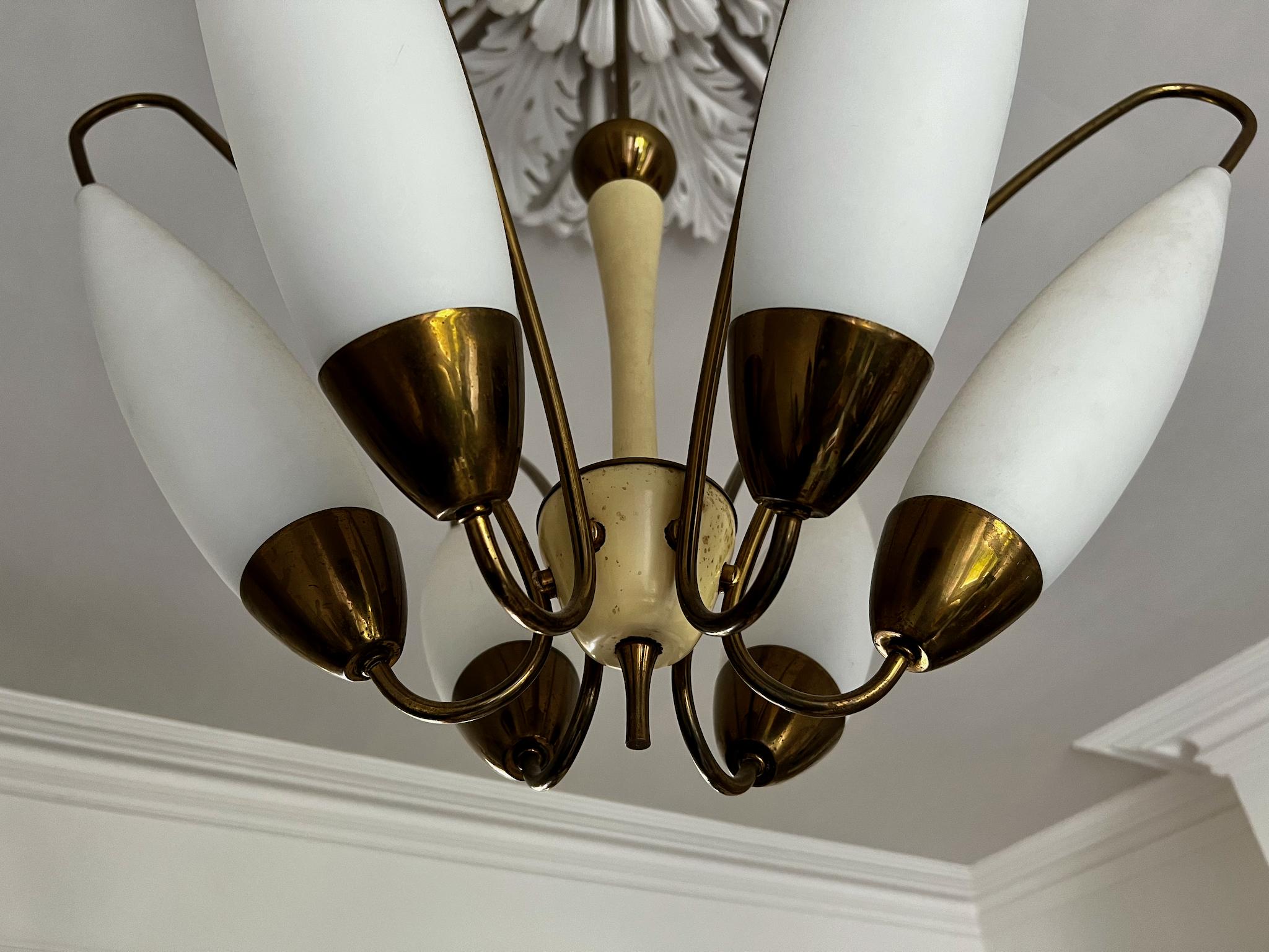 Mid-Century Modern Mid-Century Brass Chandelier with Large Opaque Glass Shades For Sale