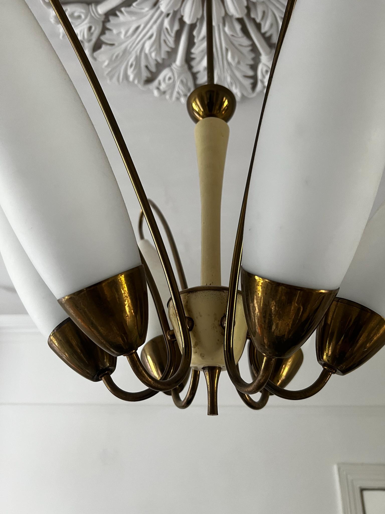 20th Century Mid-Century Brass Chandelier with Large Opaque Glass Shades For Sale