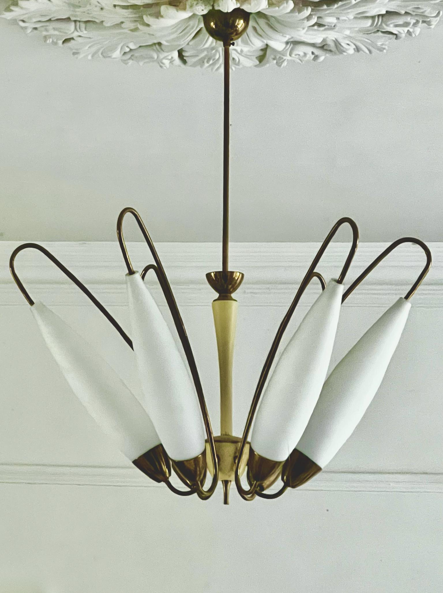 Mid-Century Brass Chandelier with Large Opaque Glass Shades For Sale 3
