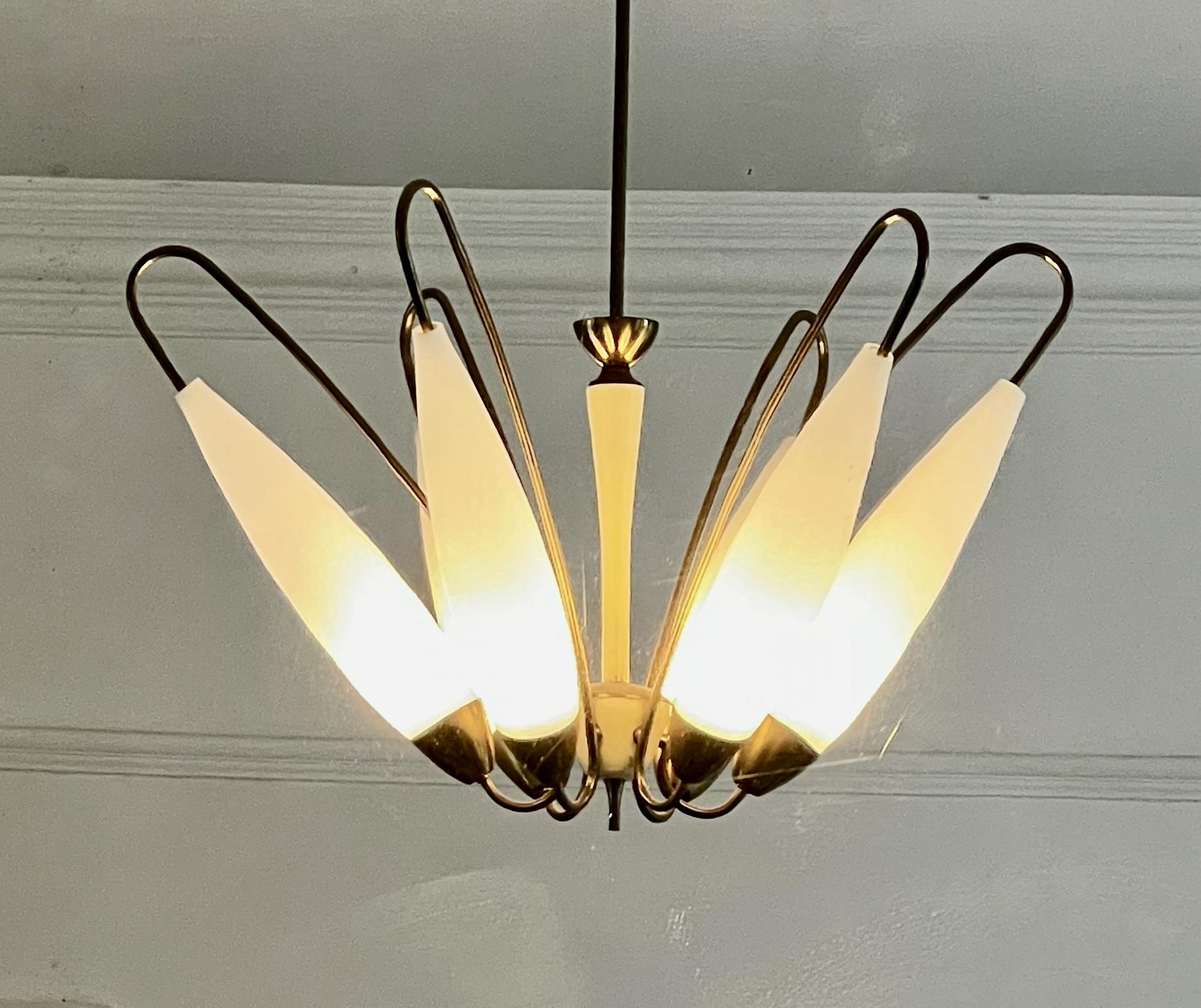 Mid-Century Brass Chandelier with Large Opaque Glass Shades For Sale 4