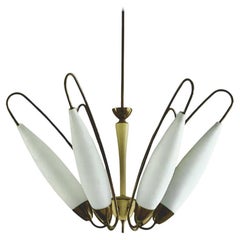 Mid-Century Brass Chandelier with Large Opaque Glass Shades