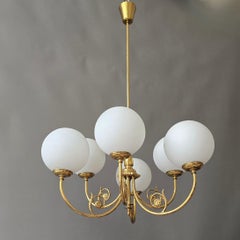 Mid-Century Brass Chandelier with Six Opaline Glass Globes