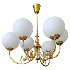 Mid-Century Brass Chandelier with Six Opaline Glass Globes