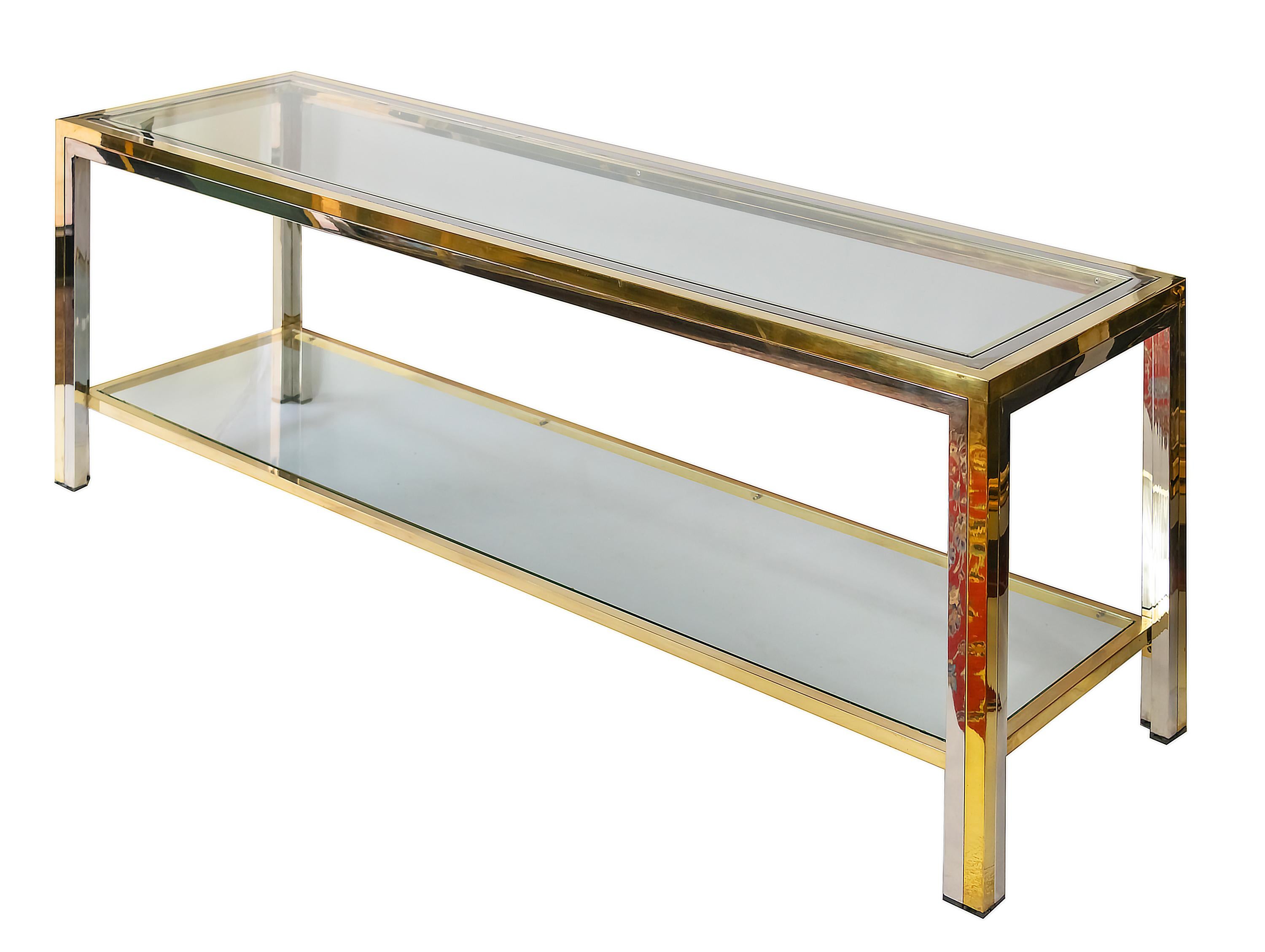 Mid-Century Modern Midcentury Brass, Chrome and Glass Low Console Table by Romeo Rega For Sale