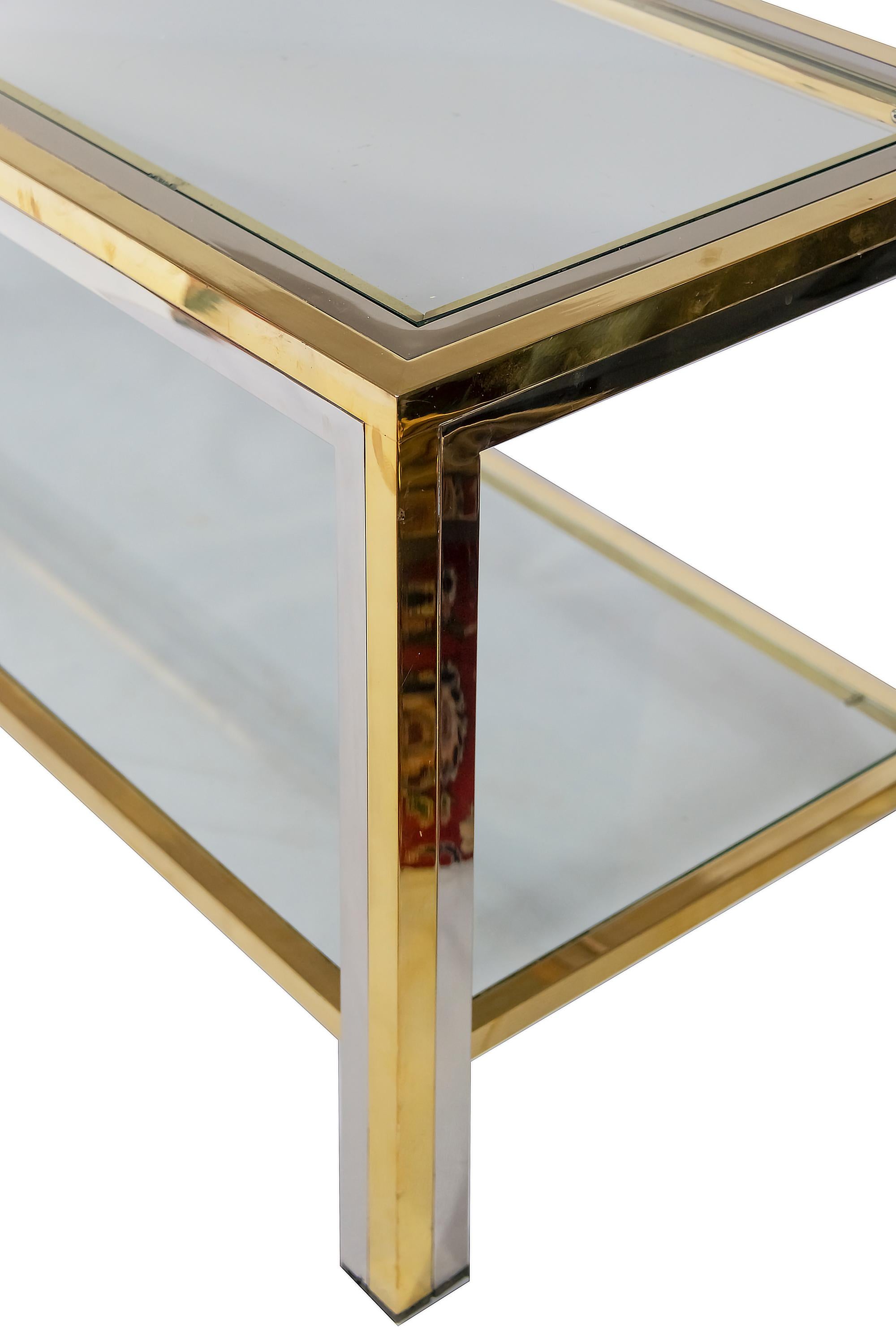 French Midcentury Brass, Chrome and Glass Low Console Table by Romeo Rega For Sale