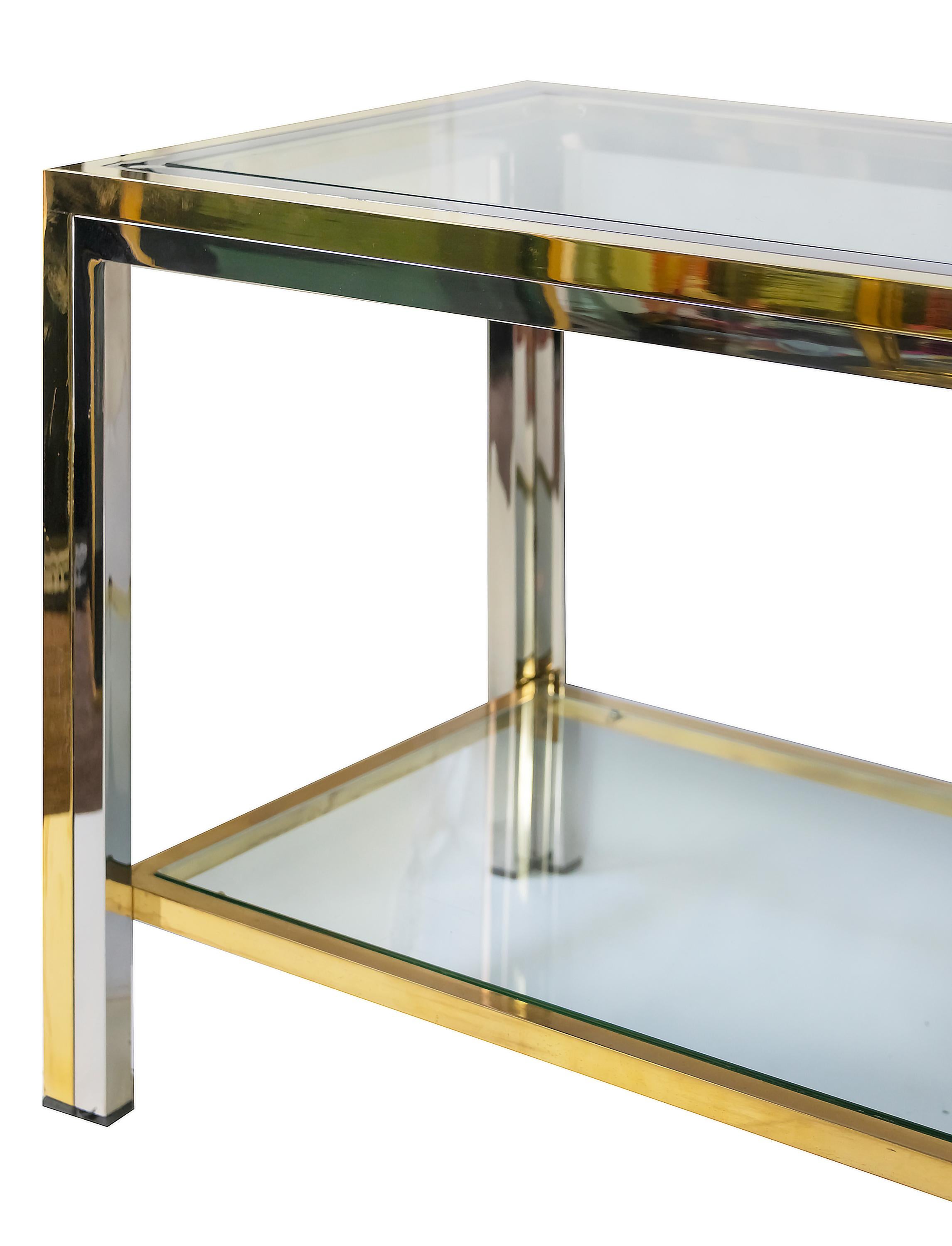 20th Century Midcentury Brass, Chrome and Glass Low Console Table by Romeo Rega For Sale