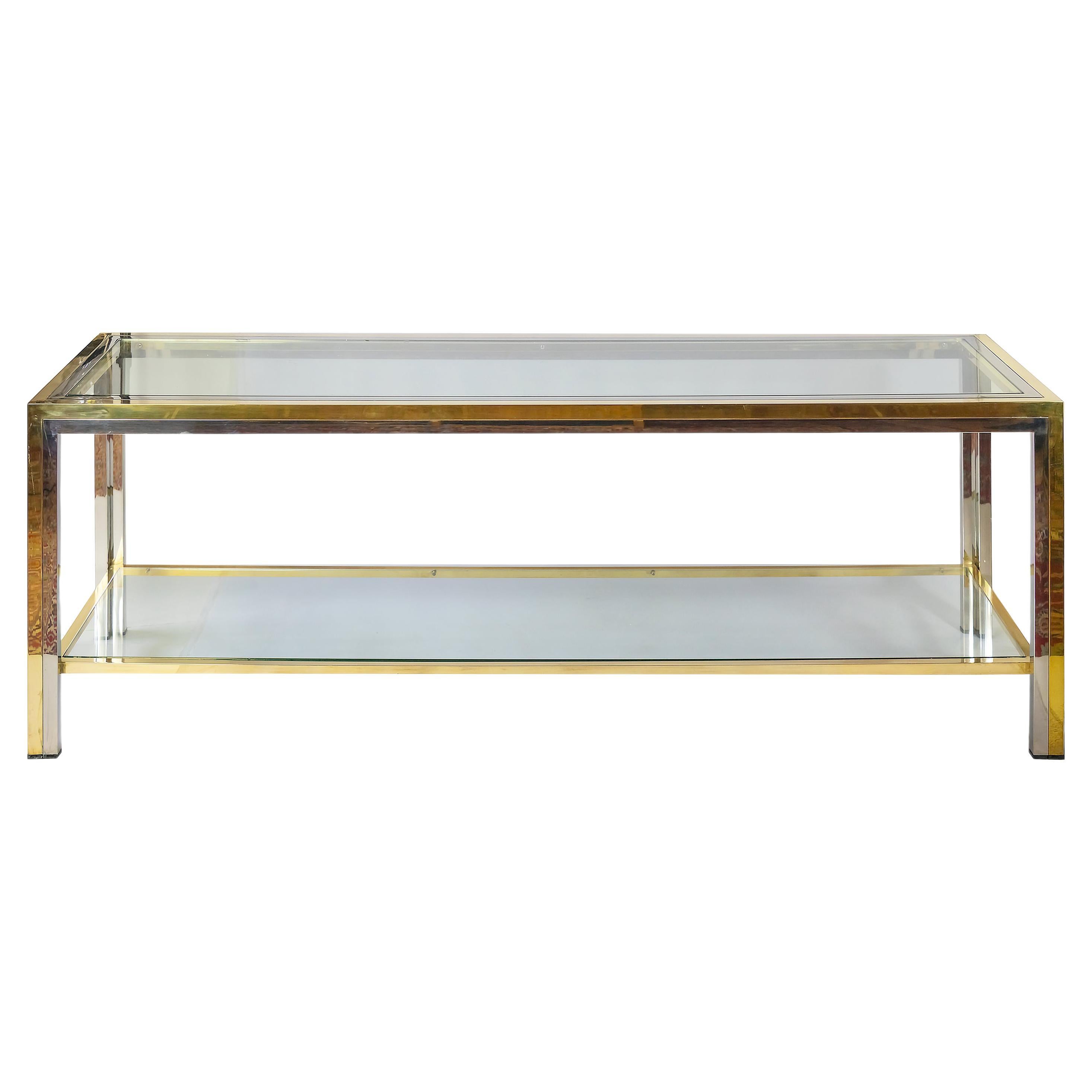 Midcentury Brass, Chrome and Glass Low Console Table by Romeo Rega