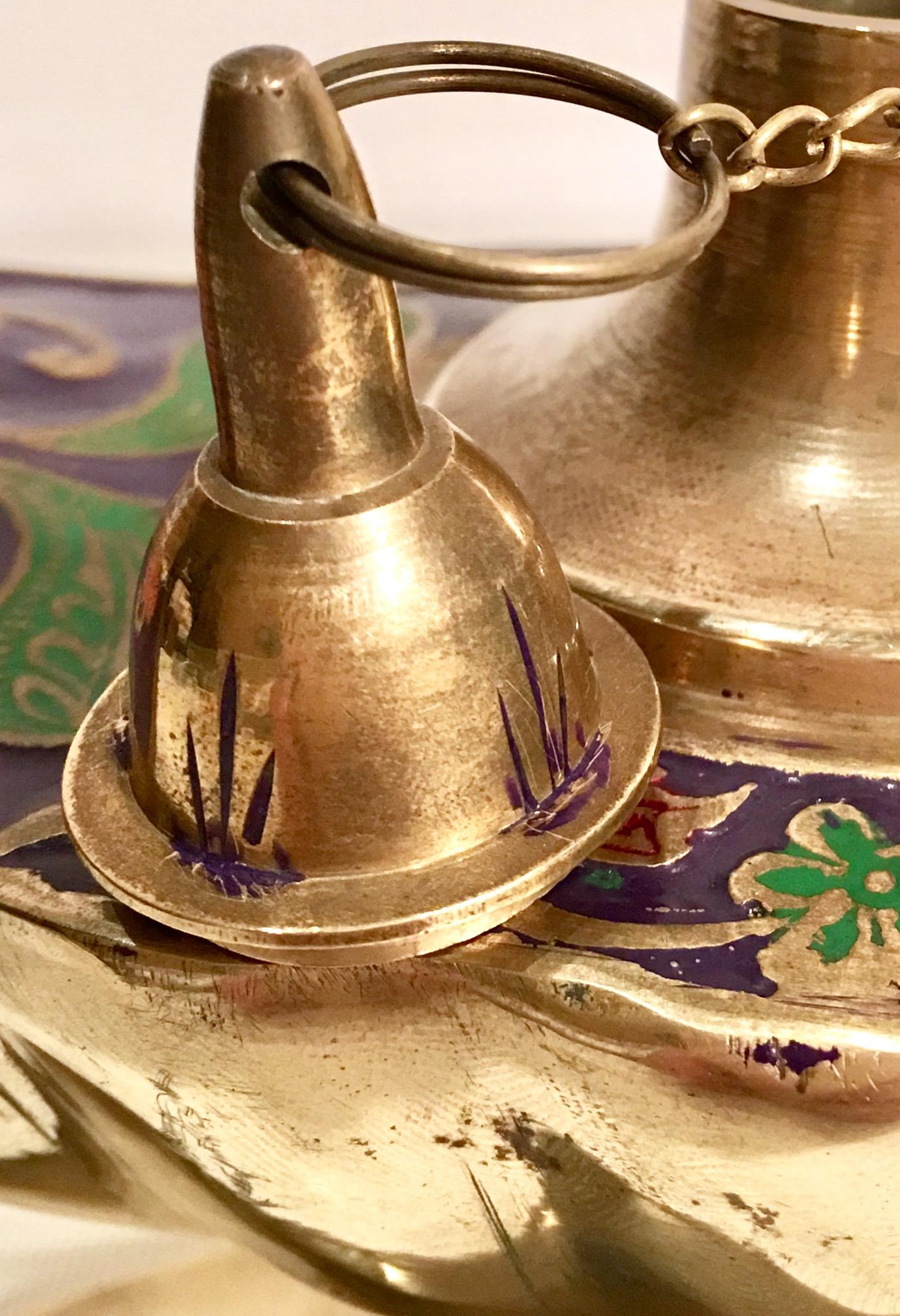 Mid-Century Brass & Cloisonne Genie Oil Lamp, Incense Burner In Good Condition In West Palm Beach, FL