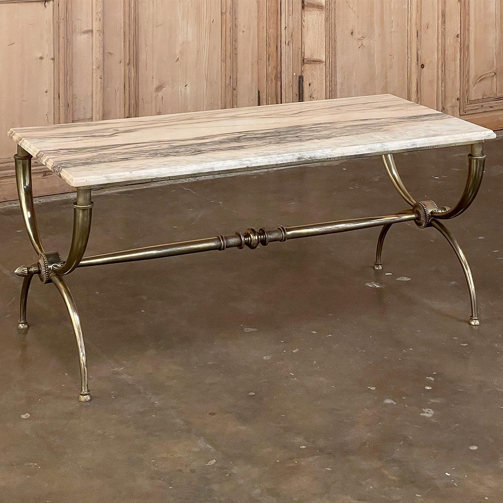 French Midcentury Brass Coffee Table with Marble Top For Sale