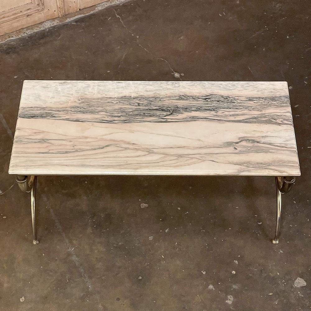 Hand-Crafted Midcentury Brass Coffee Table with Marble Top For Sale