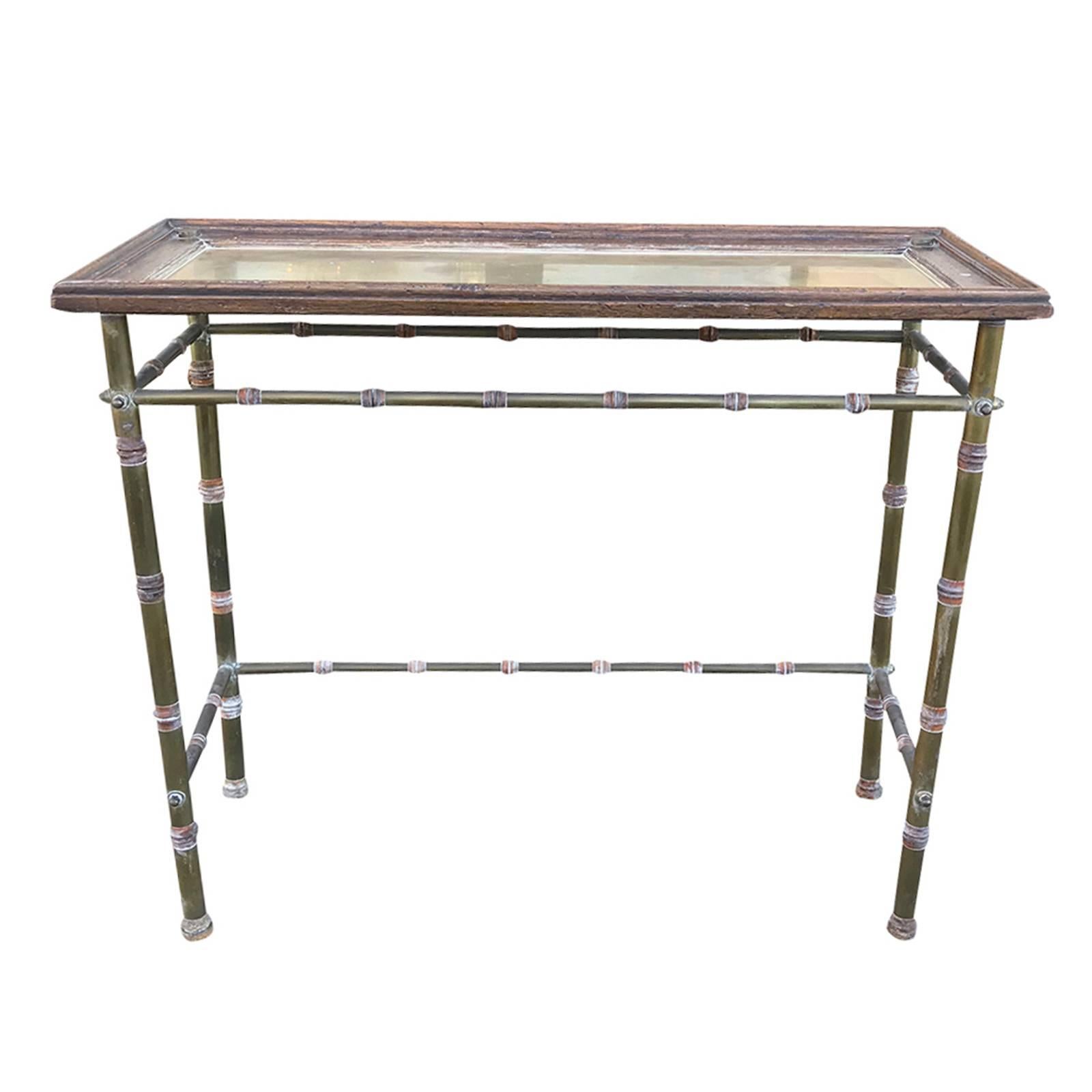 Midcentury Brass Console with Wood