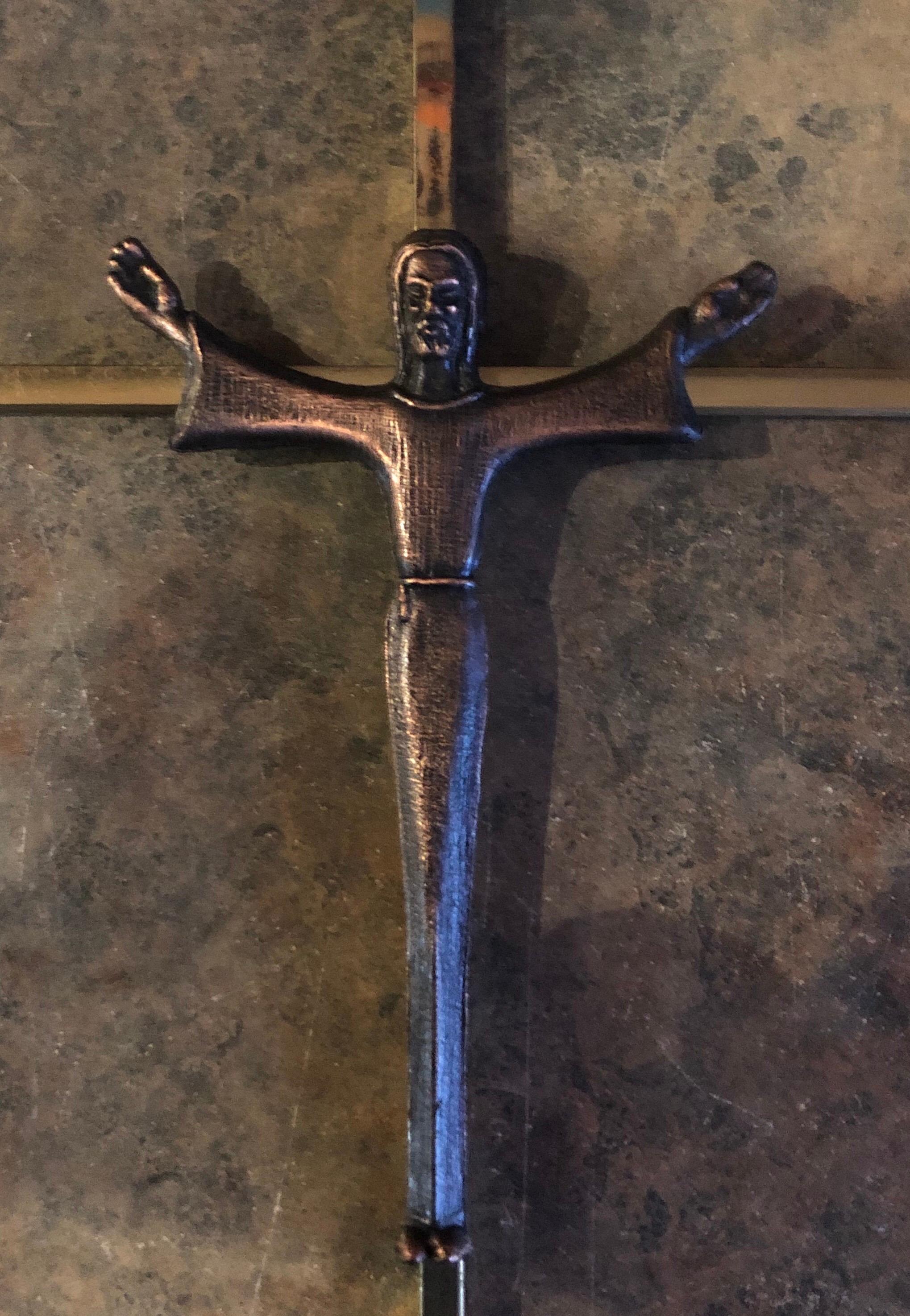 Mid-Century Modern Midcentury Brass Crucifix with Copper Jesus