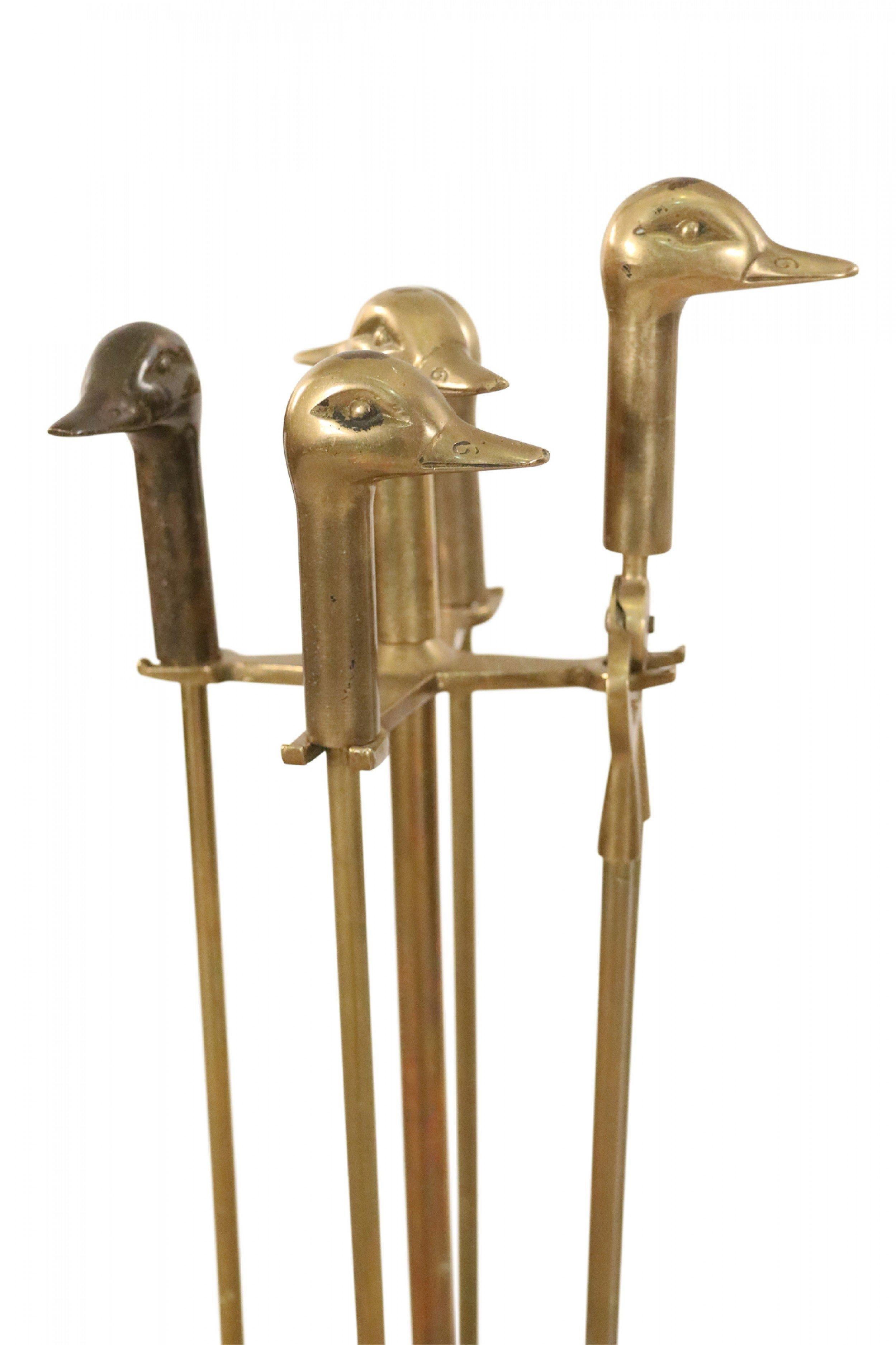 American Mid-Century Brass Duck Head Handled Set of Fire Tools
